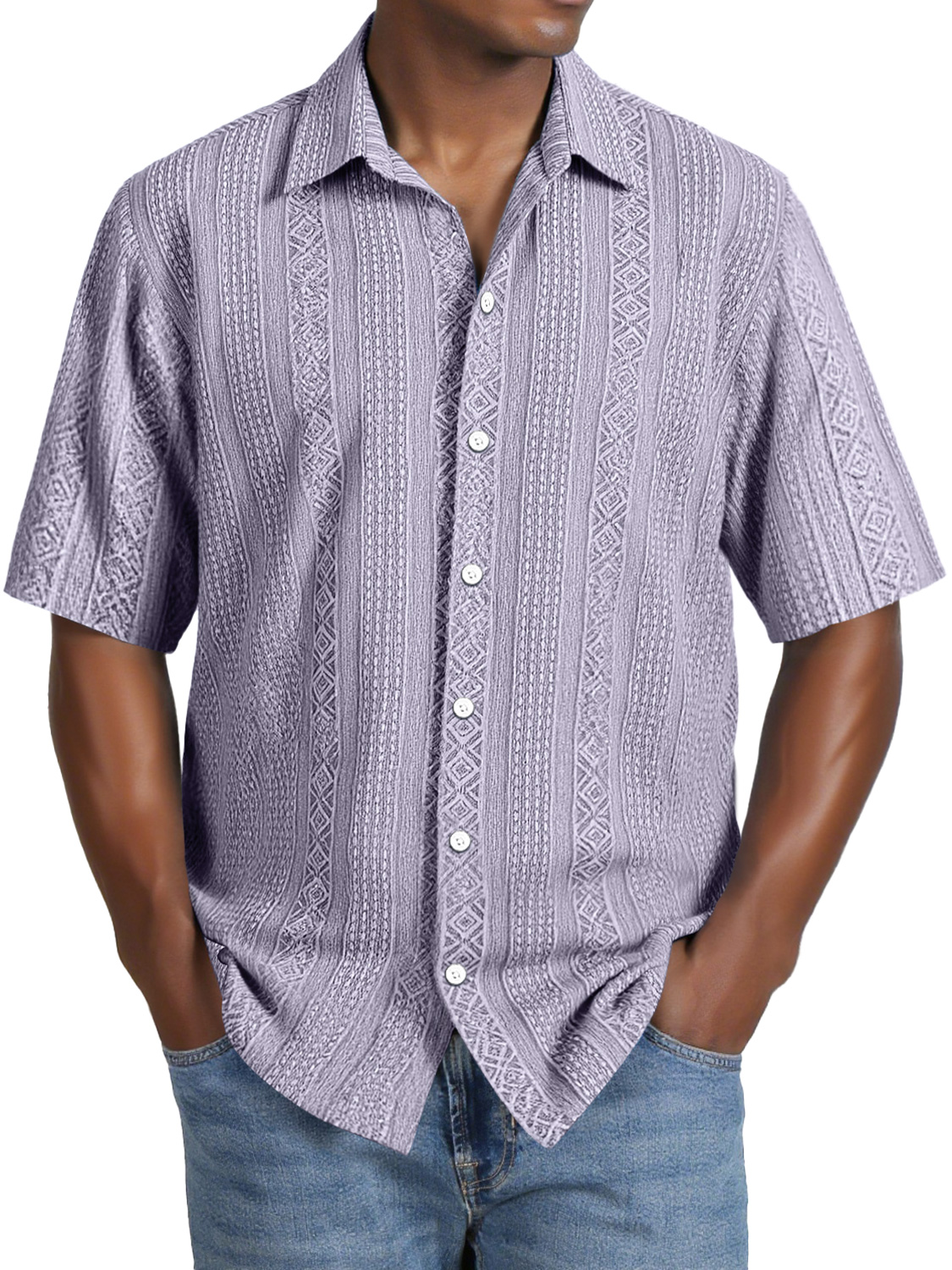 Men's Daily Casual Jacquard Texture Lapel Comfortable Short-sleeved Shirt