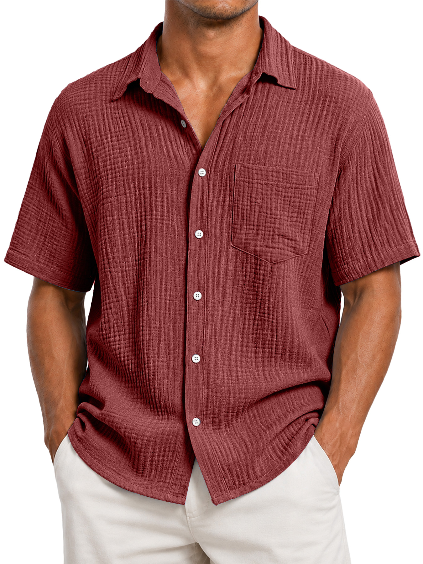 Men's Casual Solid-Color Short-Sleeve Shirt with Textured Pleats and Pocket