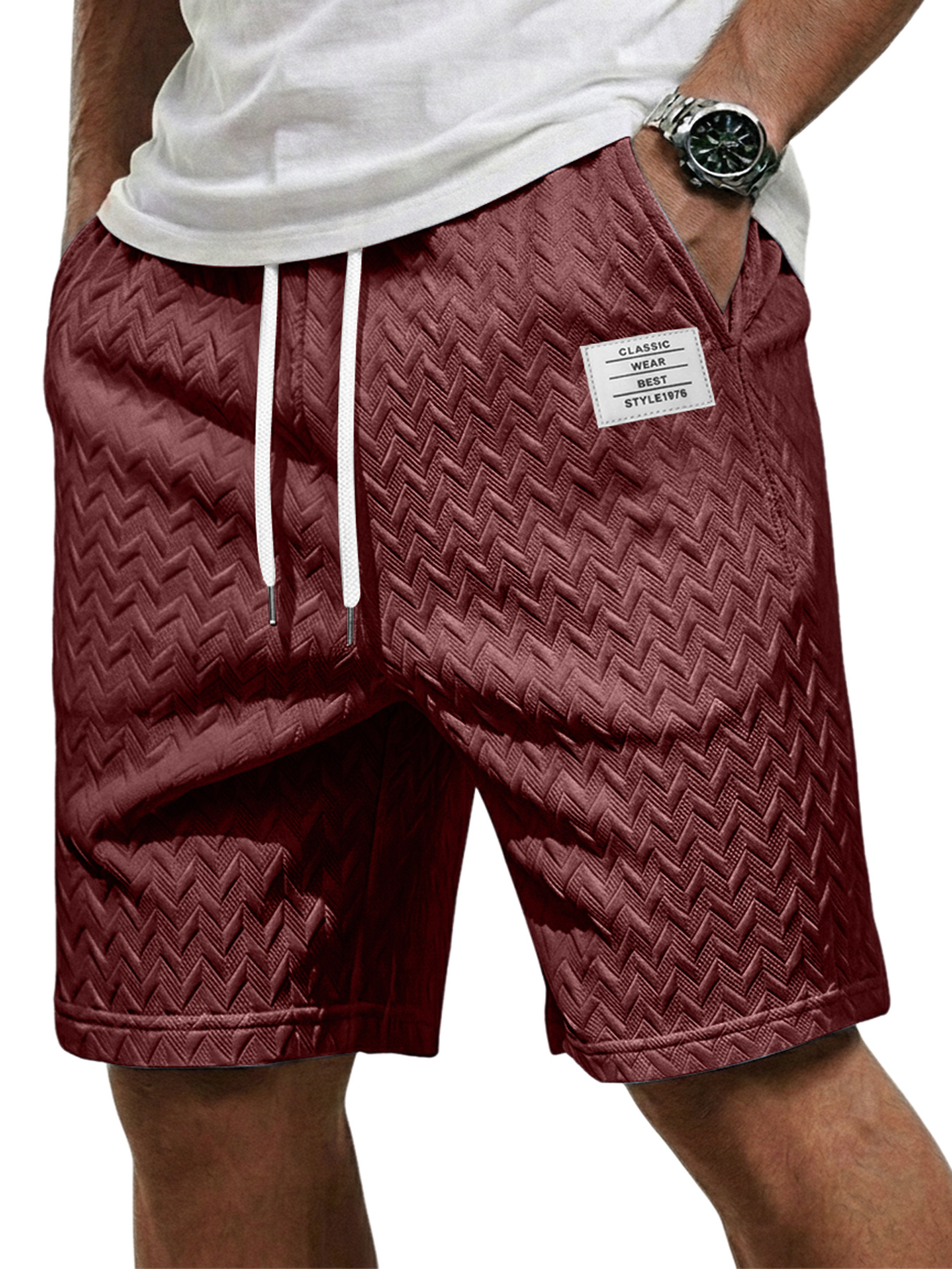 Men's Casual Jacquard Textured Embroidered Logo Elastic Waist Shorts