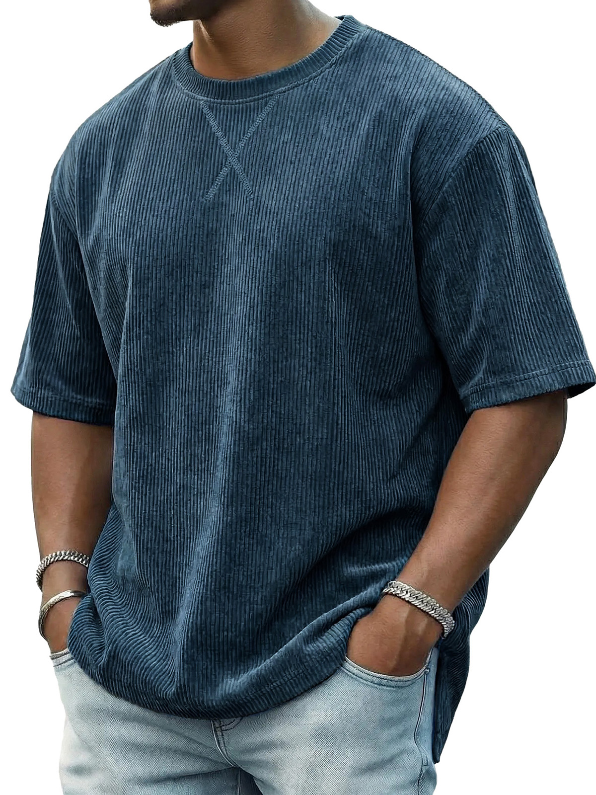 Men's Casual Fashionable Ribbed Crew Neck Short-Sleeve T-Shirt