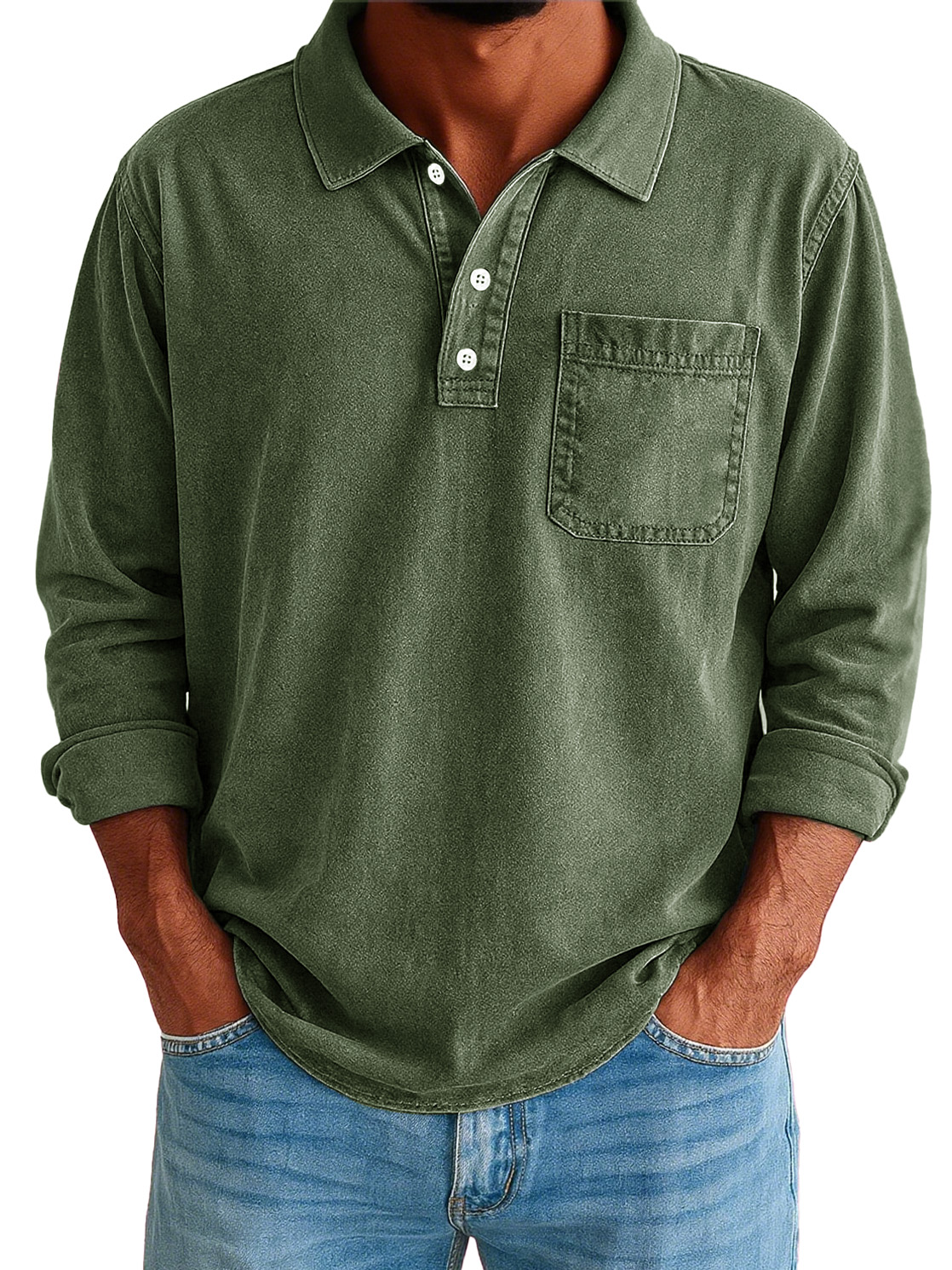 Men's Stylish Vintage Washed And Distressed Lapel Long-sleeved Polo Shirt With Pockets