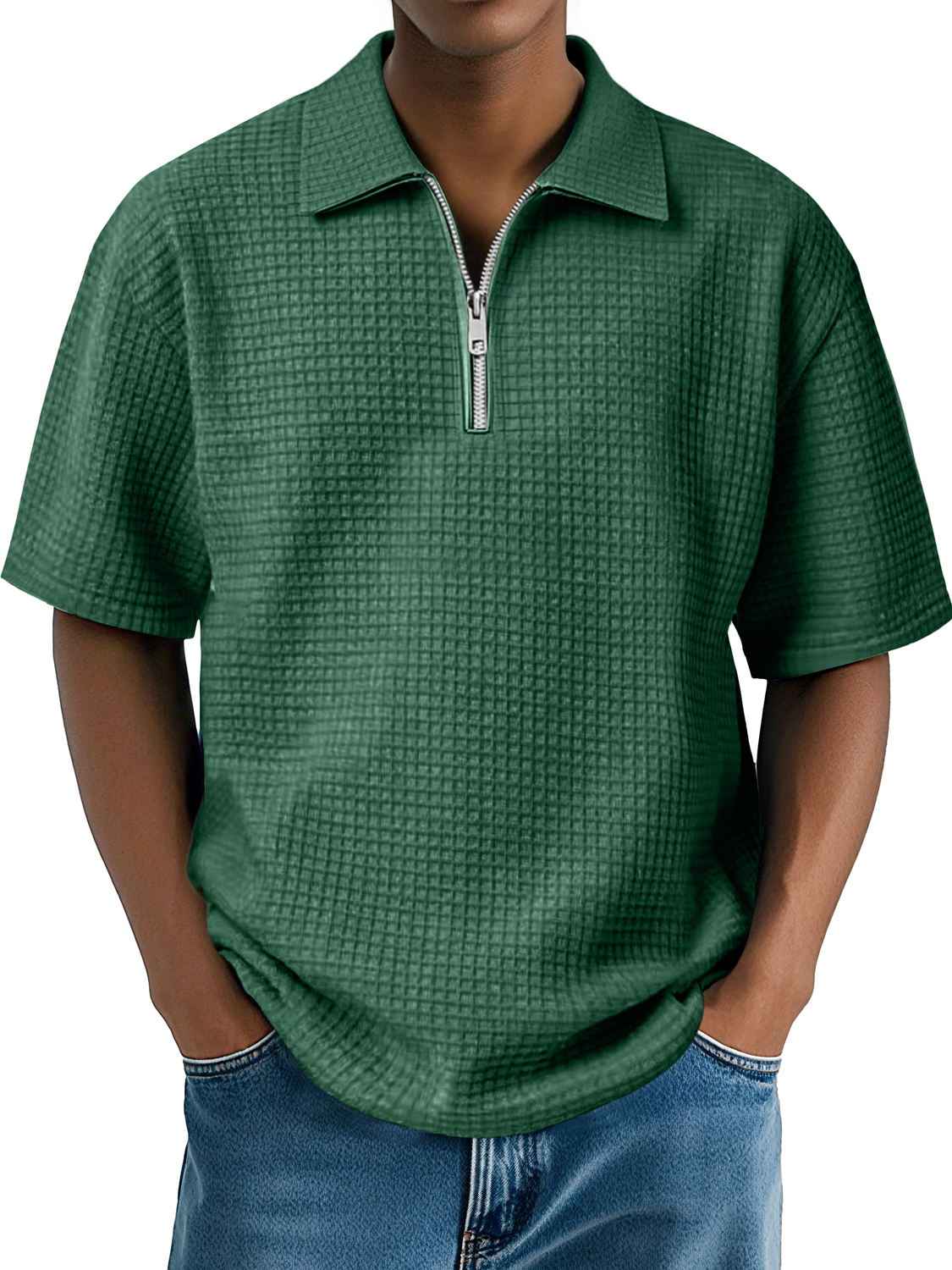 Men's Daily Waffle Lapel Zipper Casual Comfort Short Sleeve POLO Shirt