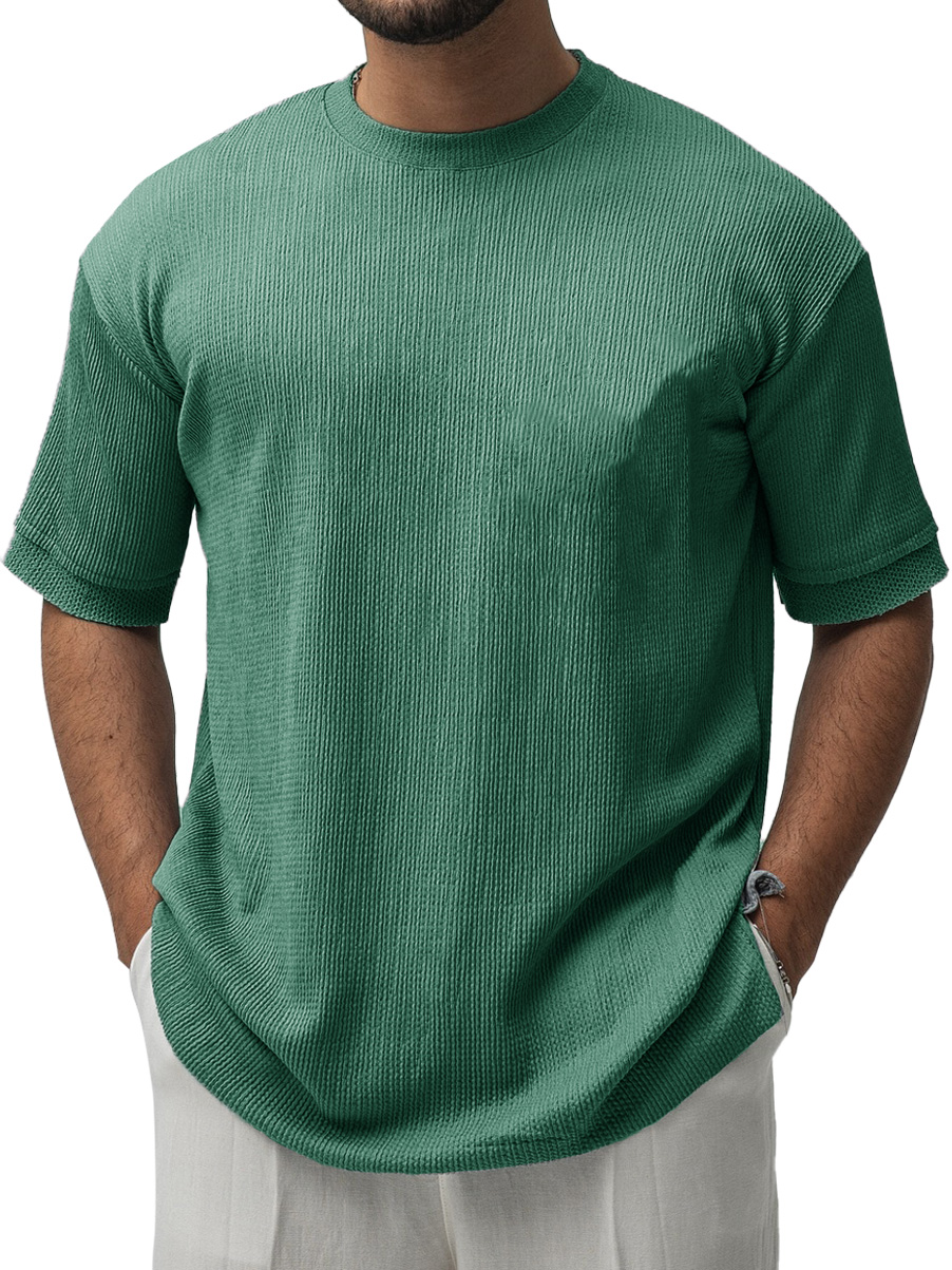 Men's Fashion Casual Ribbed Fabric Short-sleeved Crew Neck T-shirt
