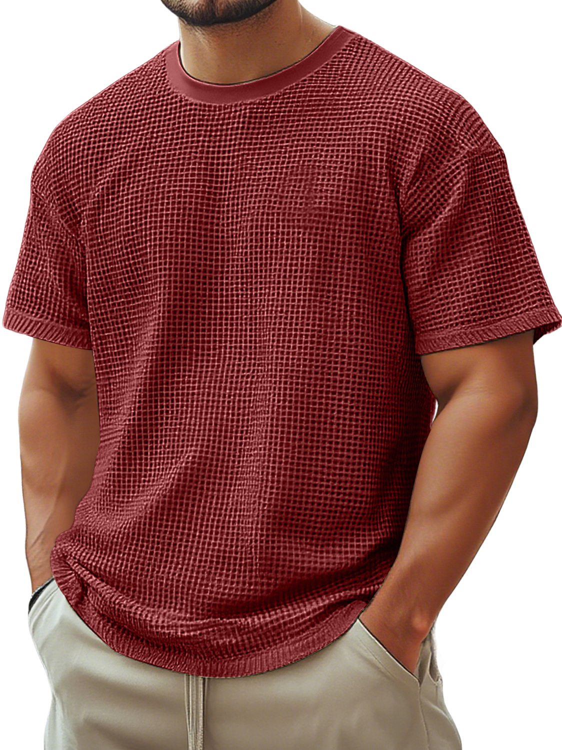 Men's Retro Crew Neck Waffle Casual Short Sleeve T-Shirt