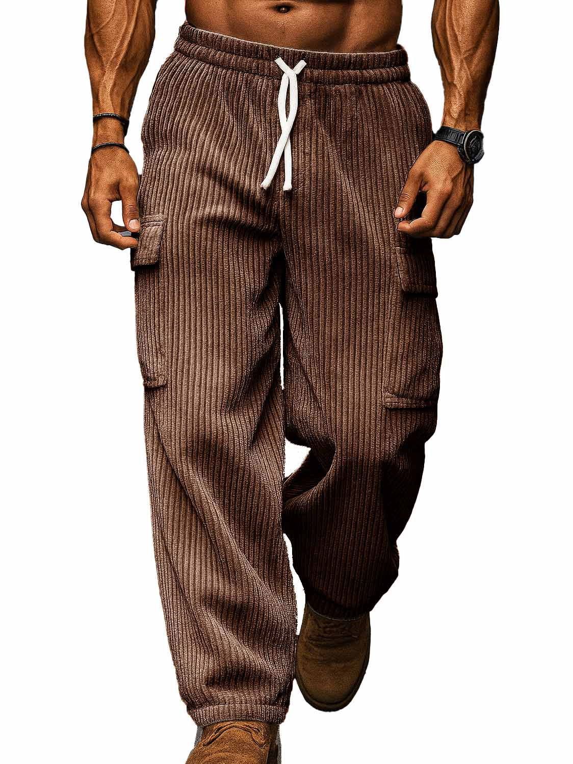 Men's Fashion Casual Workwear Pocket Corduroy Fabric Drawstring Loose Trousers