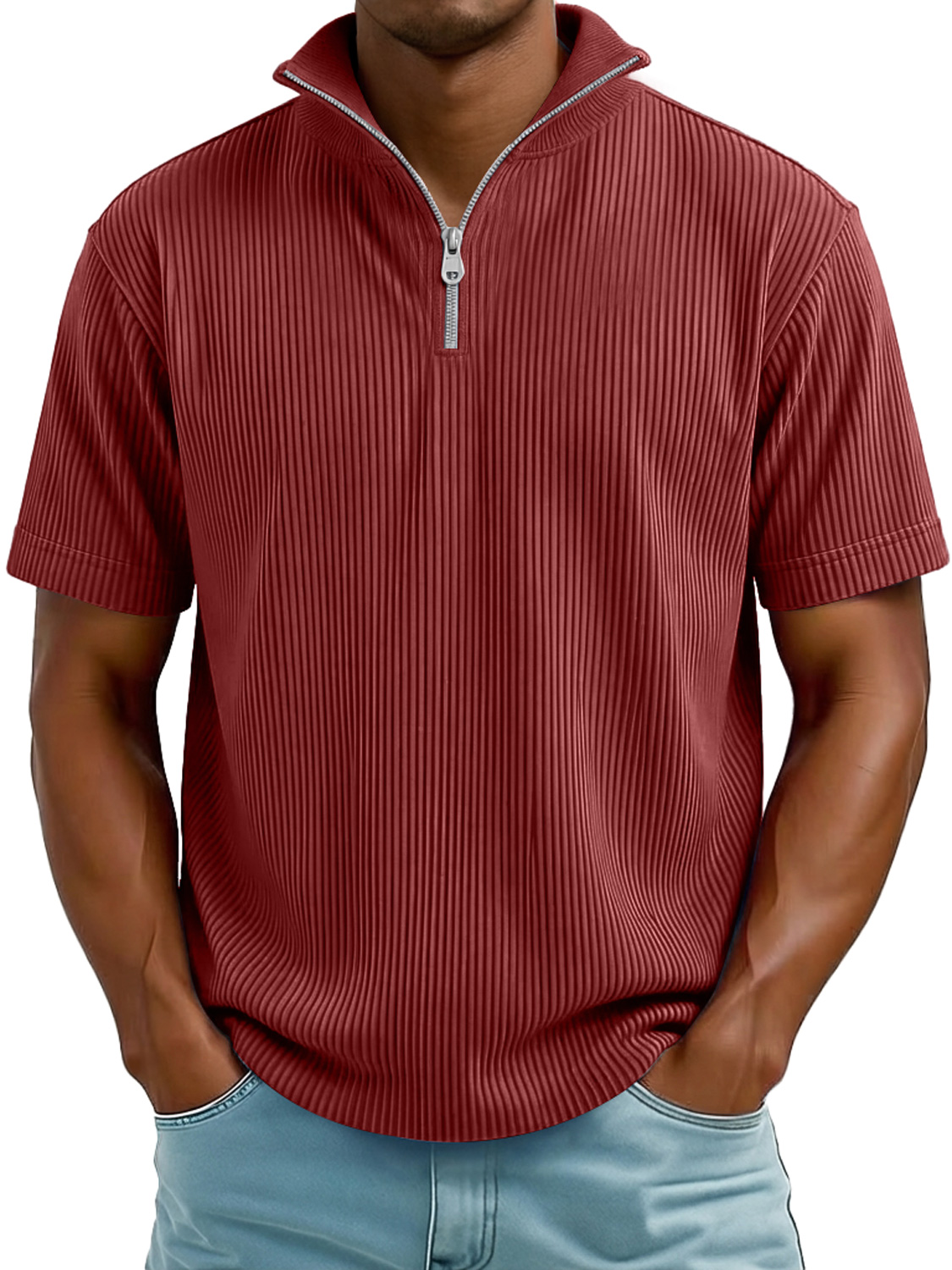 Men's Everyday Ribbed Stand-collar Zip-up Casual Short-sleeved T-shirt