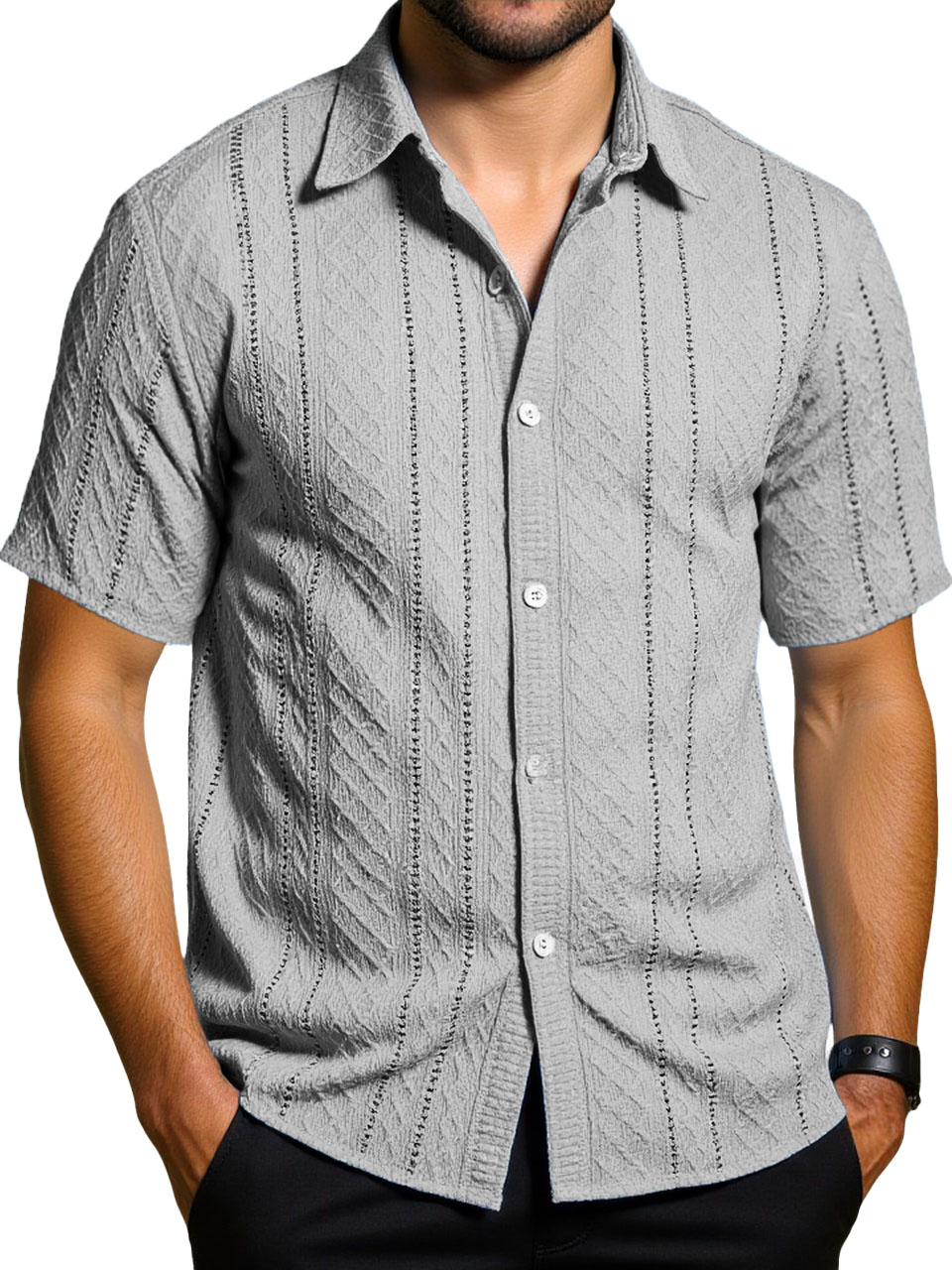 Men's Fashion Daily Casual Jacquard Fabric Short-sleeved Lapel Shirt