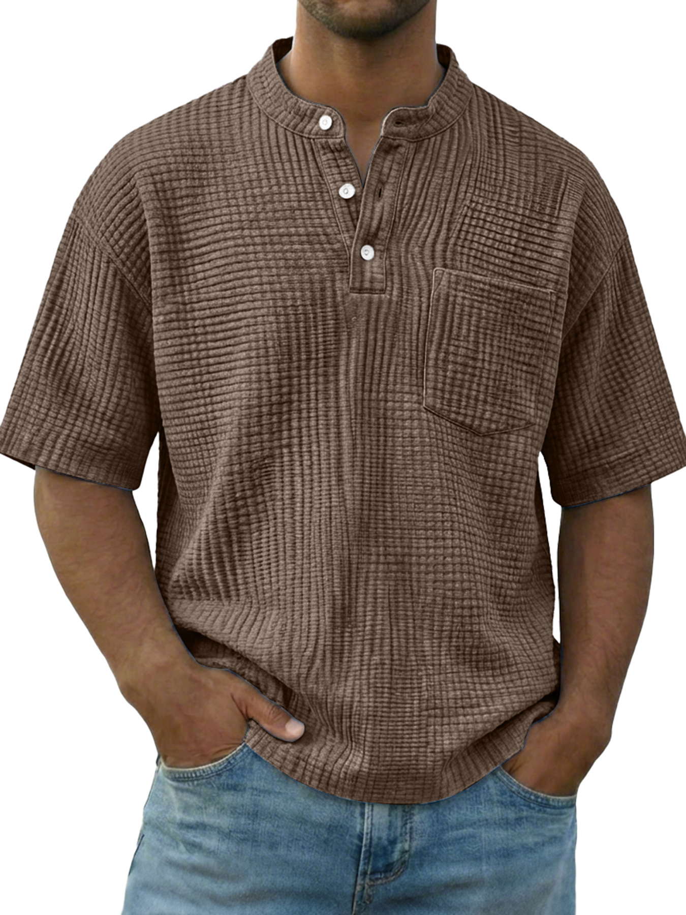 Men's Casual Wrinkled Comfortable Short-sleeved Henley Shirt With Pockets