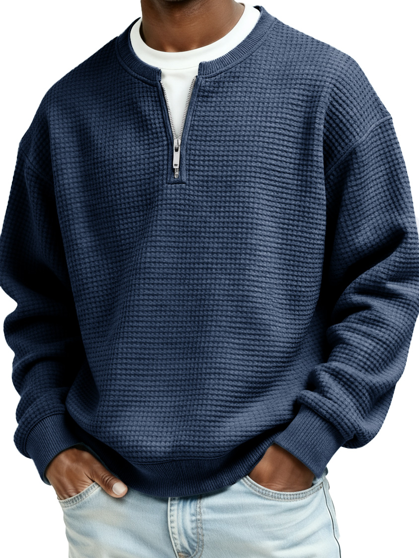 Men's Casual Faux Two-Piece Waffle Fabric Zipper Long-Sleeve Top