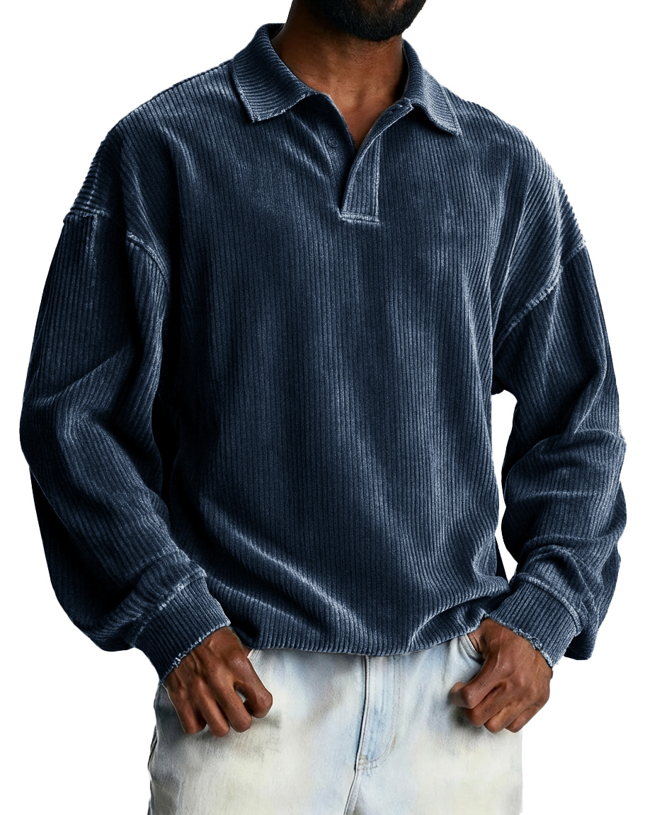 Men's Fashionable Retro Striped Fabric Loose-Fit Collar Polo Shirt