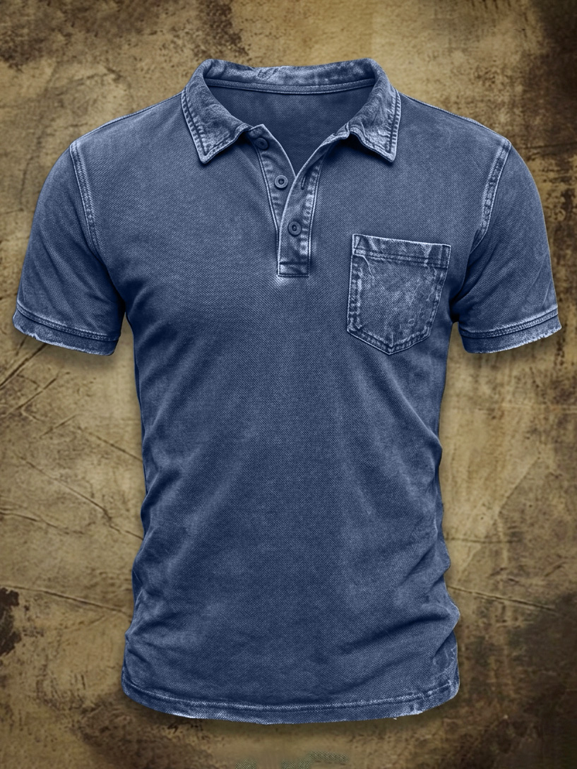 Men's Vintage Washed & Distressed Cotton Pocket Polo Shirt