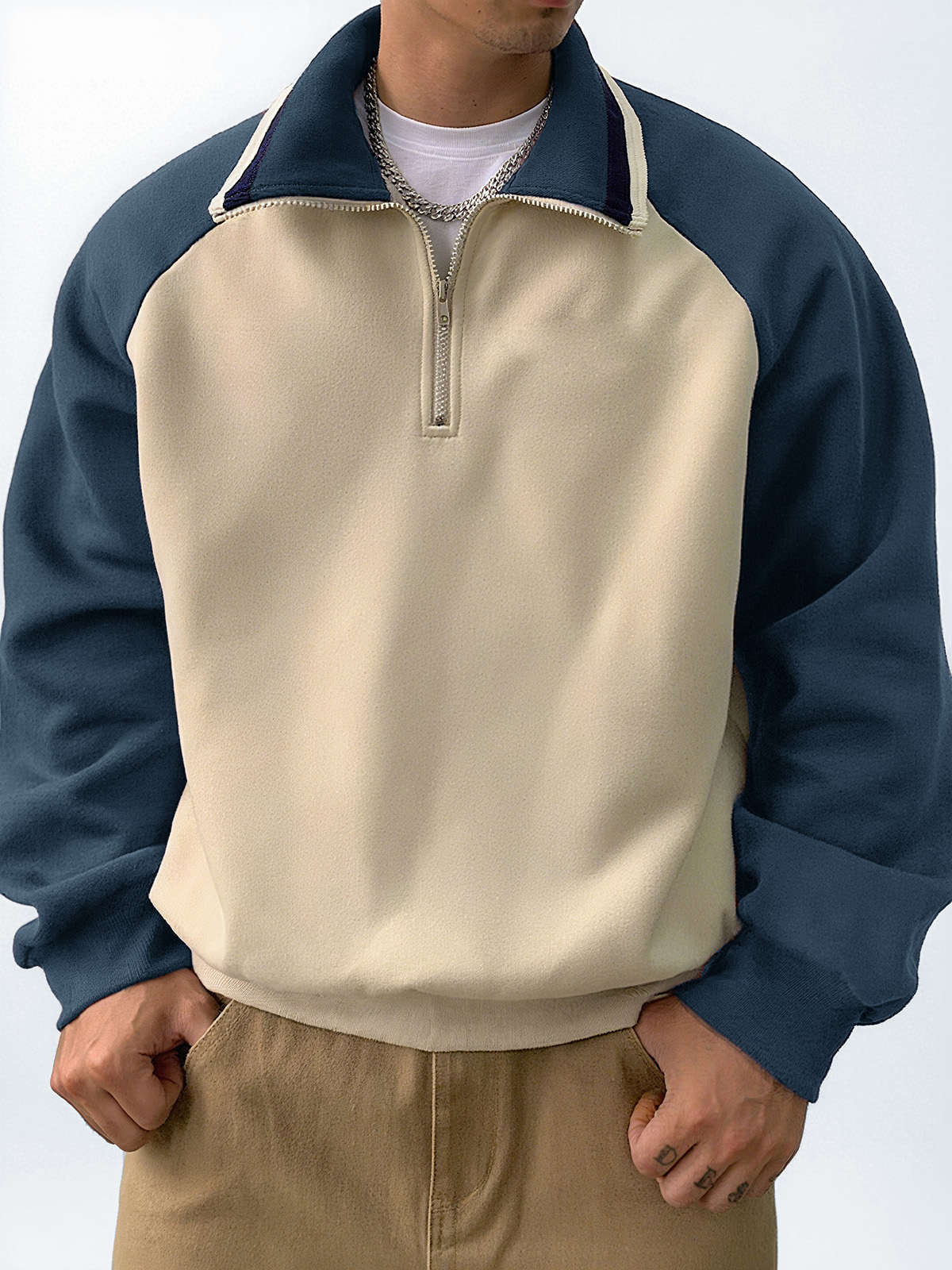 Men's Stylish Retro Patchwork Zippered Loose-fitting Long-sleeved Sweatshirt