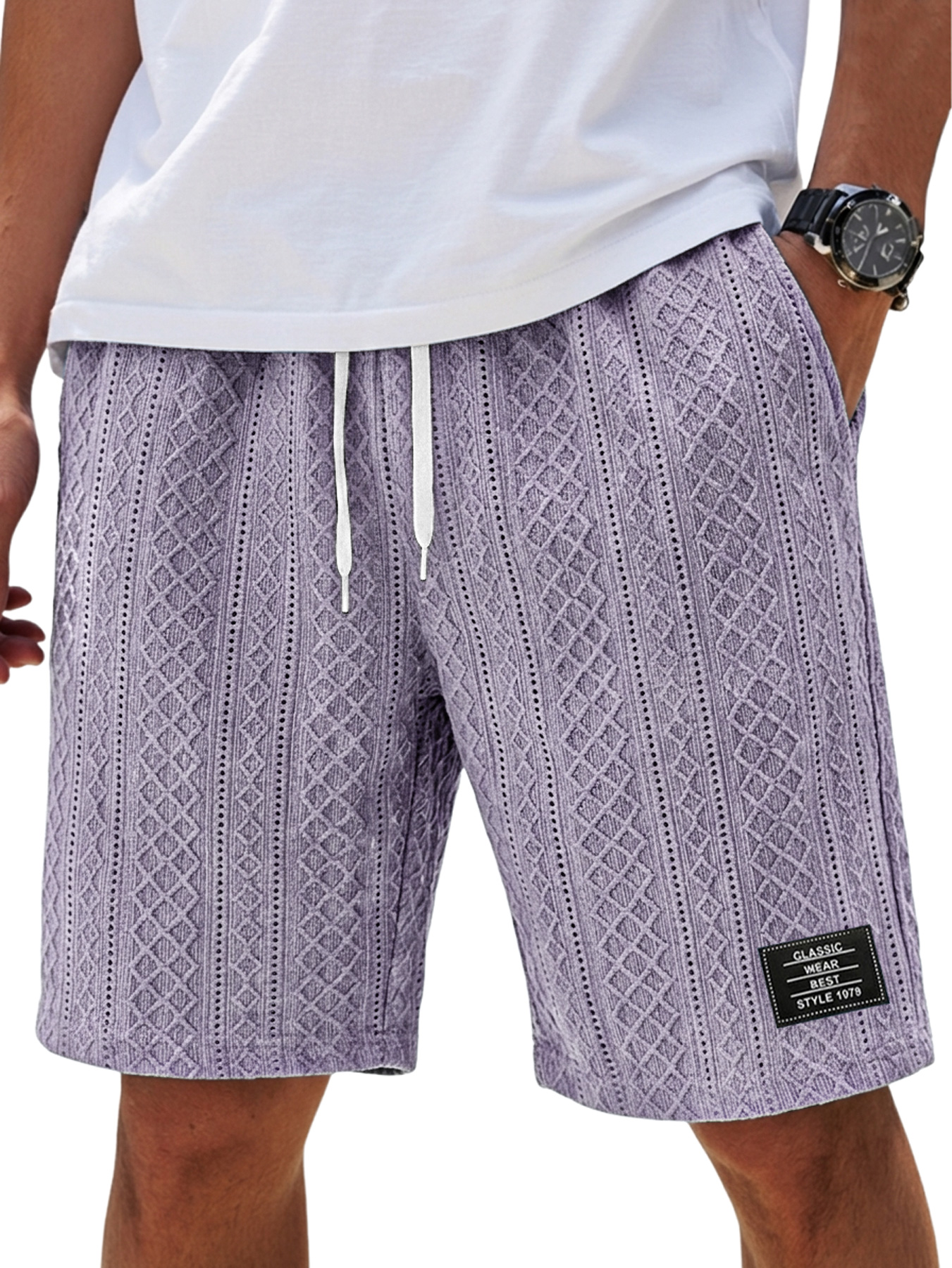 Men's Fashion Textured Embroidered Logo Elastic Waist Casual Shorts