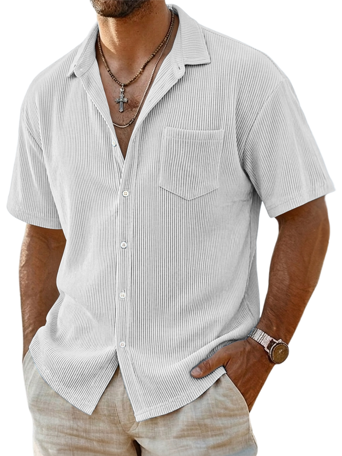 Men's Casual Ribbed Pocket Short-sleeved Shirt