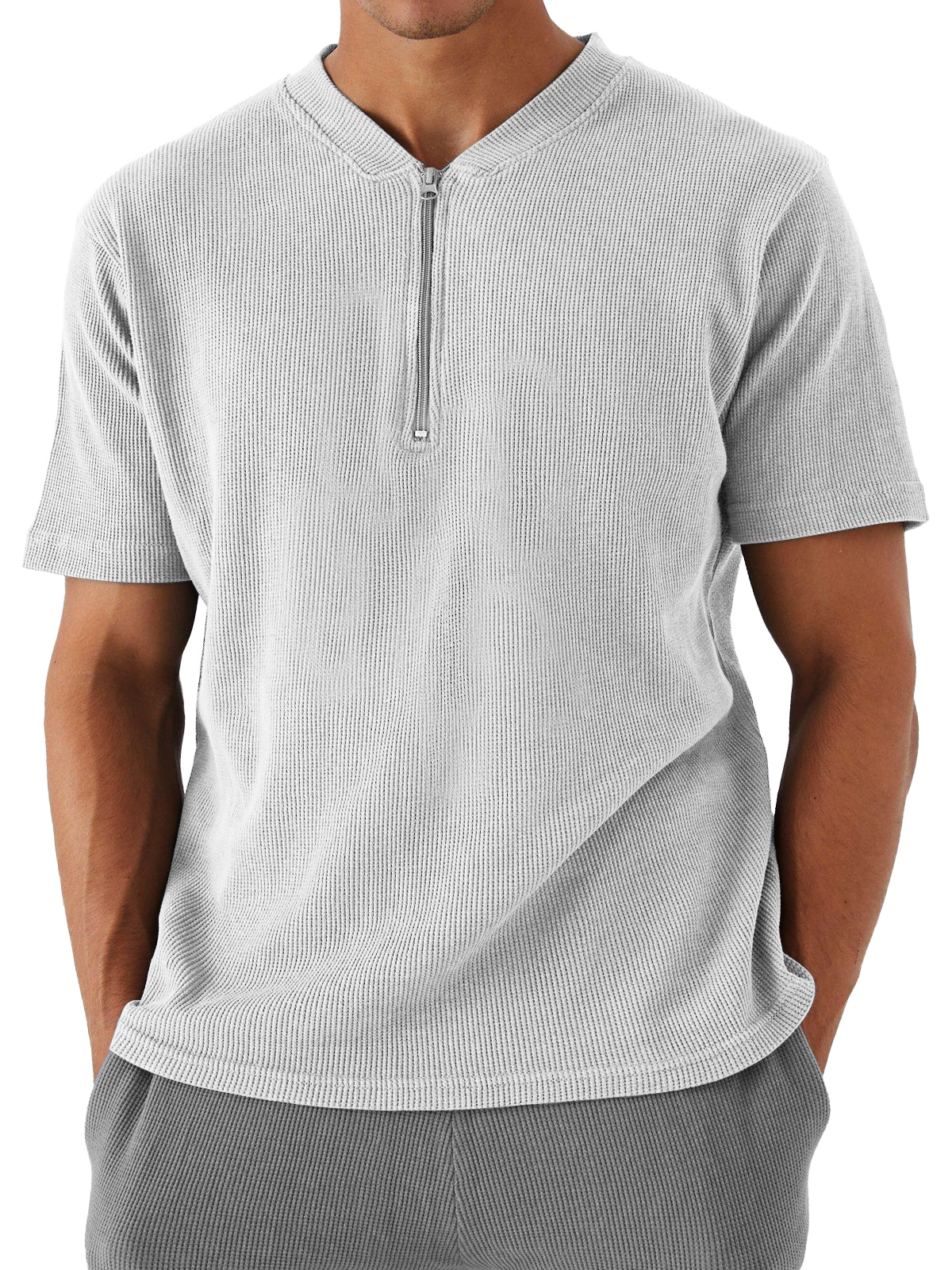 Men's Waffle Zipper Casual Solid Color Short Sleeve T-shirt