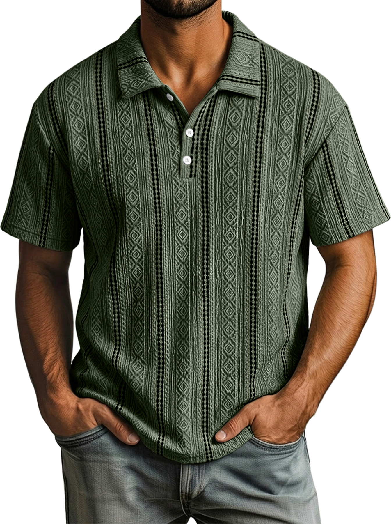 Men's Casual Color-Blocked Textured Collar Button-Up Comfortable Short-Sleeve Polo Shirt