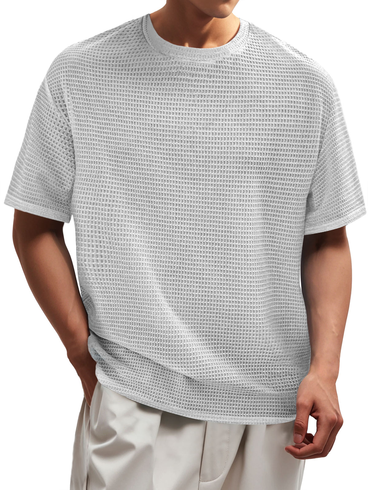 Men's Waffle Everyday Round Neck Casual Solid Color Short Sleeve T-Shirt