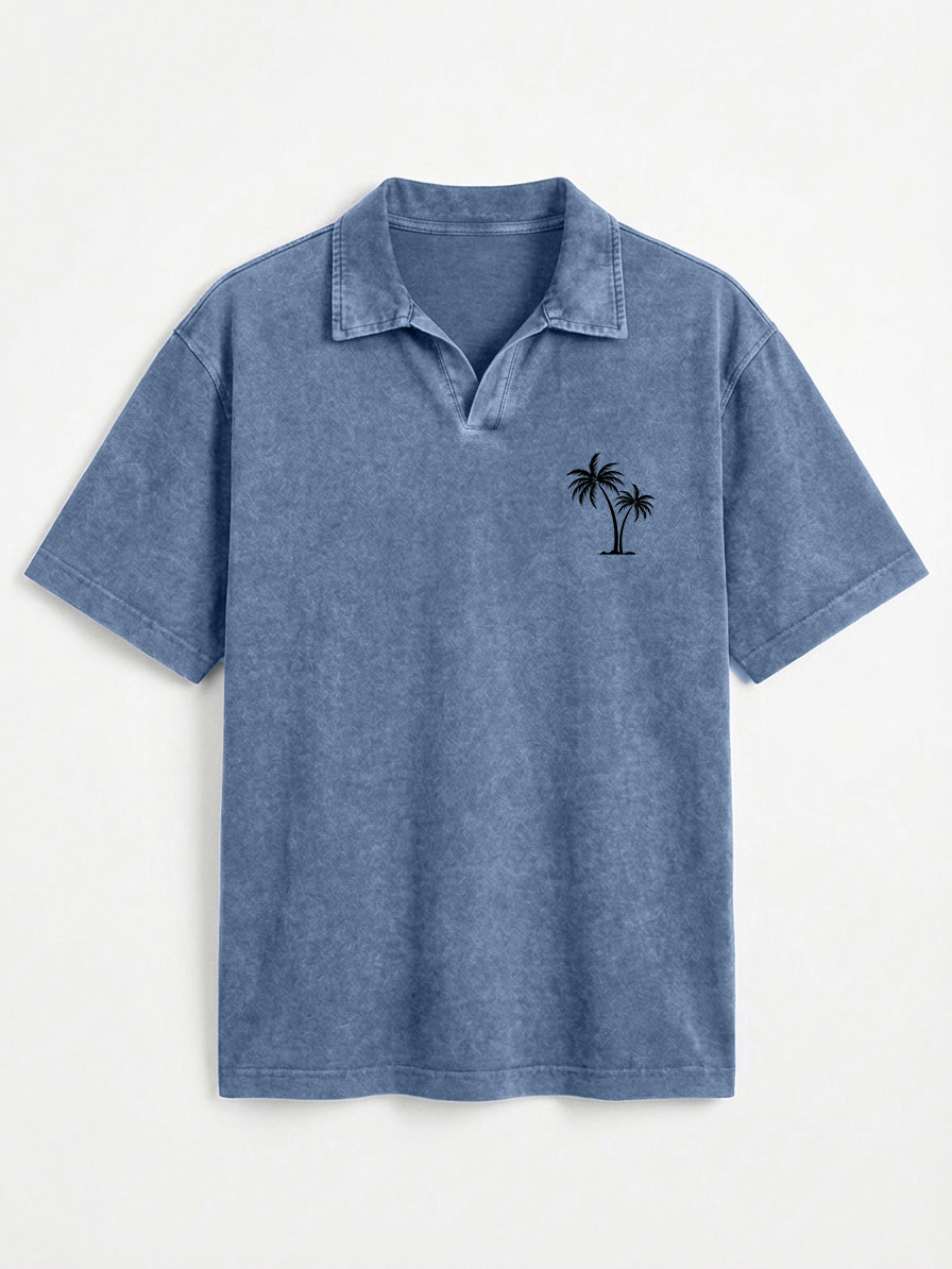 Men's Vintage Distressed Palm Tree Print Seagull Collar Short-Sleeve Polo Shirt