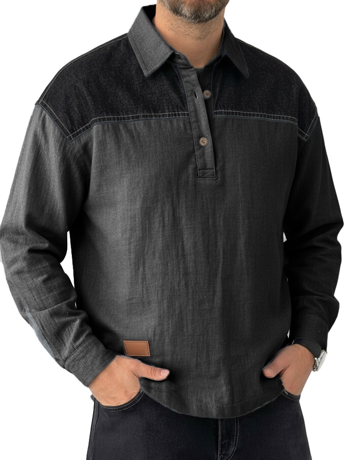 Men's Fashionable Casual Patchwork Collared Loose Long-Sleeve Polo Shirt