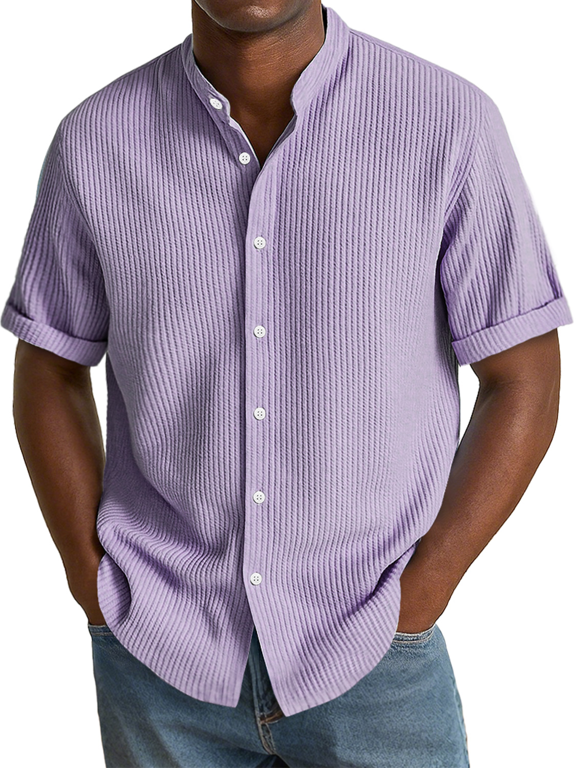 Men's Daily Texture Fabric Casual Stand Collar Solid Color Short Sleeve Shirt