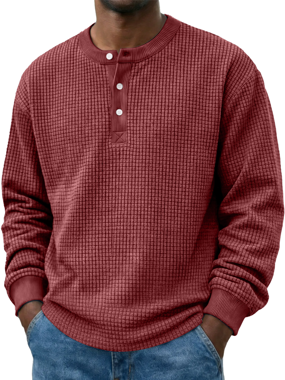 Men's Casual Corduroy Waffle-knit Solid Color Long-sleeved Henley Shirt