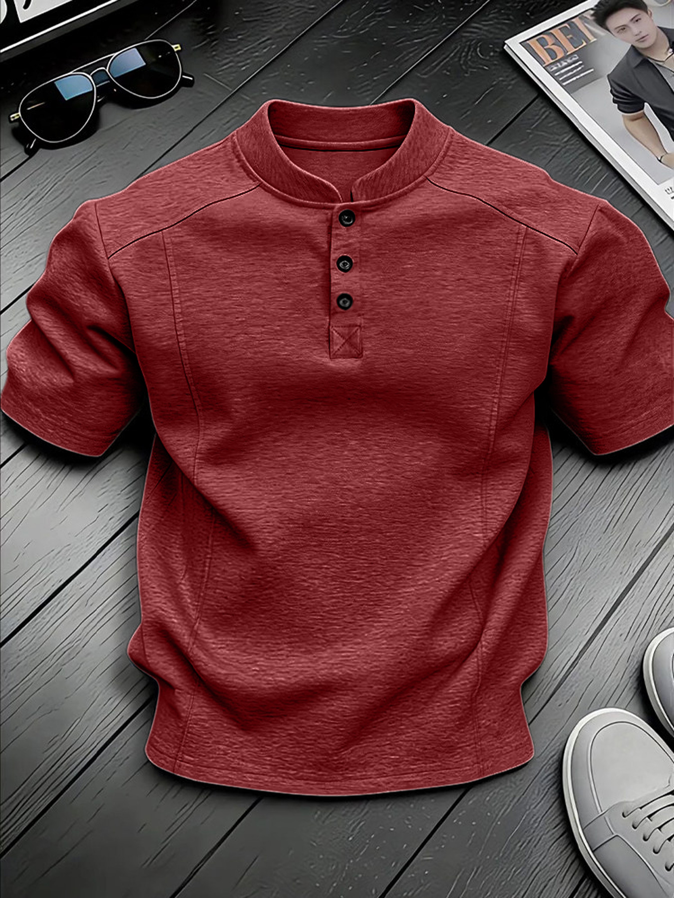 Men's Stand-up Collar Button-down Design Casual Short-sleeved Henley Shirt