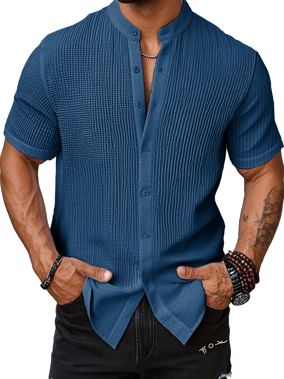 Men's Fashion Casual Bubble Wrinkle Fabric Stand-up Collar Short-sleeved Shirt