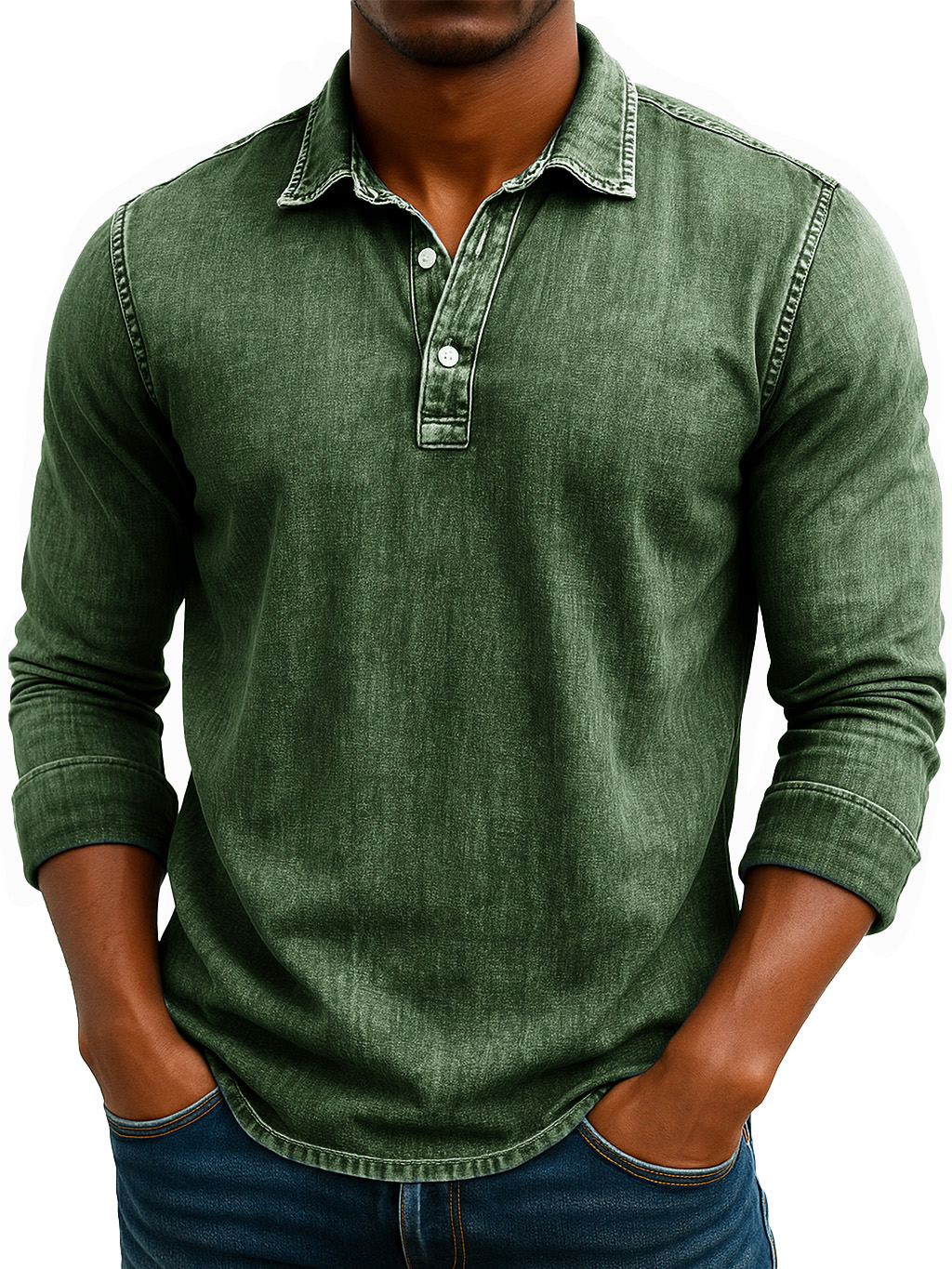 Men's Stylish Retro Washed And Distressed Lapel Long-sleeved Polo Shirt