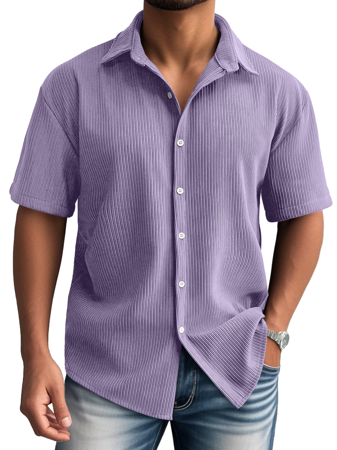 Men's Daily Lapel Ribbed Casual Comfortable Short-sleeved Shirt