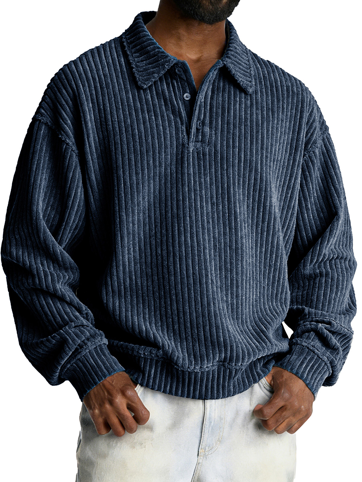 Fashionable Retro Loose Pit Strip Fabric Lapel Long-sleeved Polo Shirt