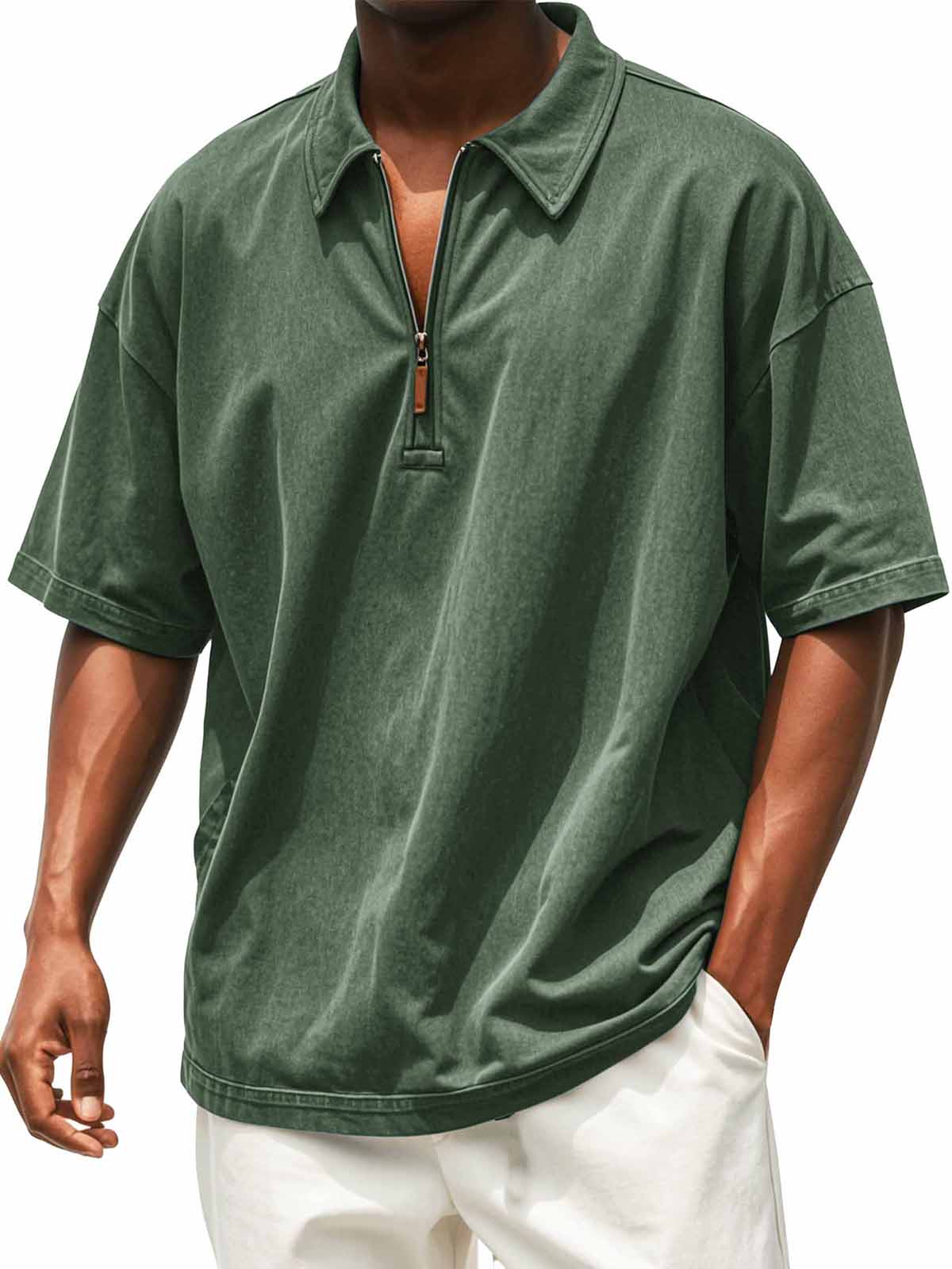 Men's Retro Distressed Zip Short Sleeve Polo Shirt