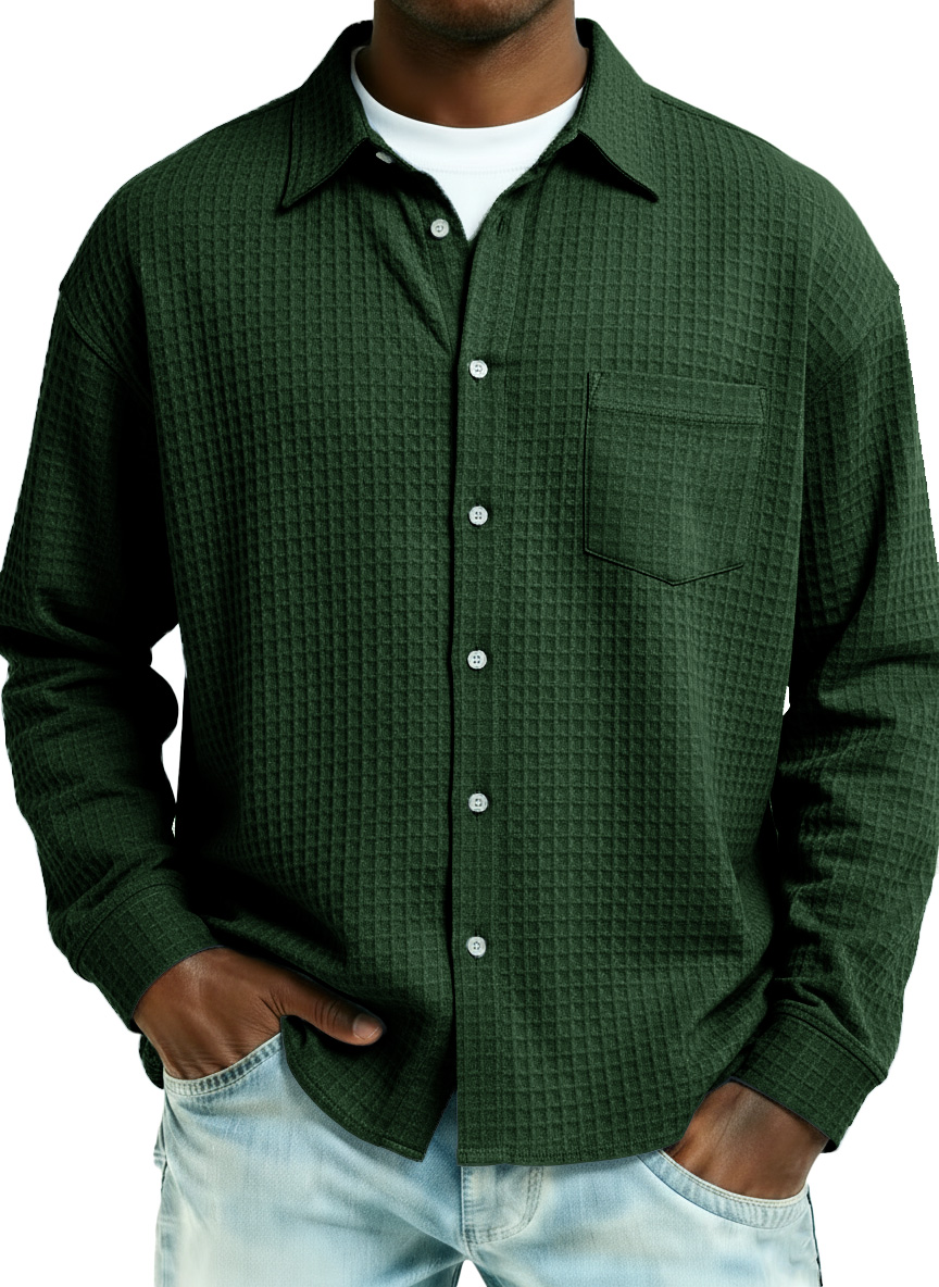 Men's Fashionable Retro Large Waffle Fabric Pocket Long-Sleeved Collared Shirt