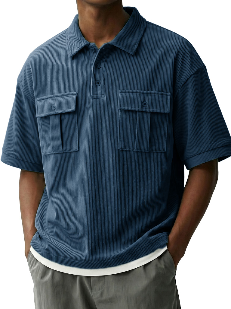 Men's Fashionable Retro Workwear Pocket Short-sleeved Polo Shirt with Lapel