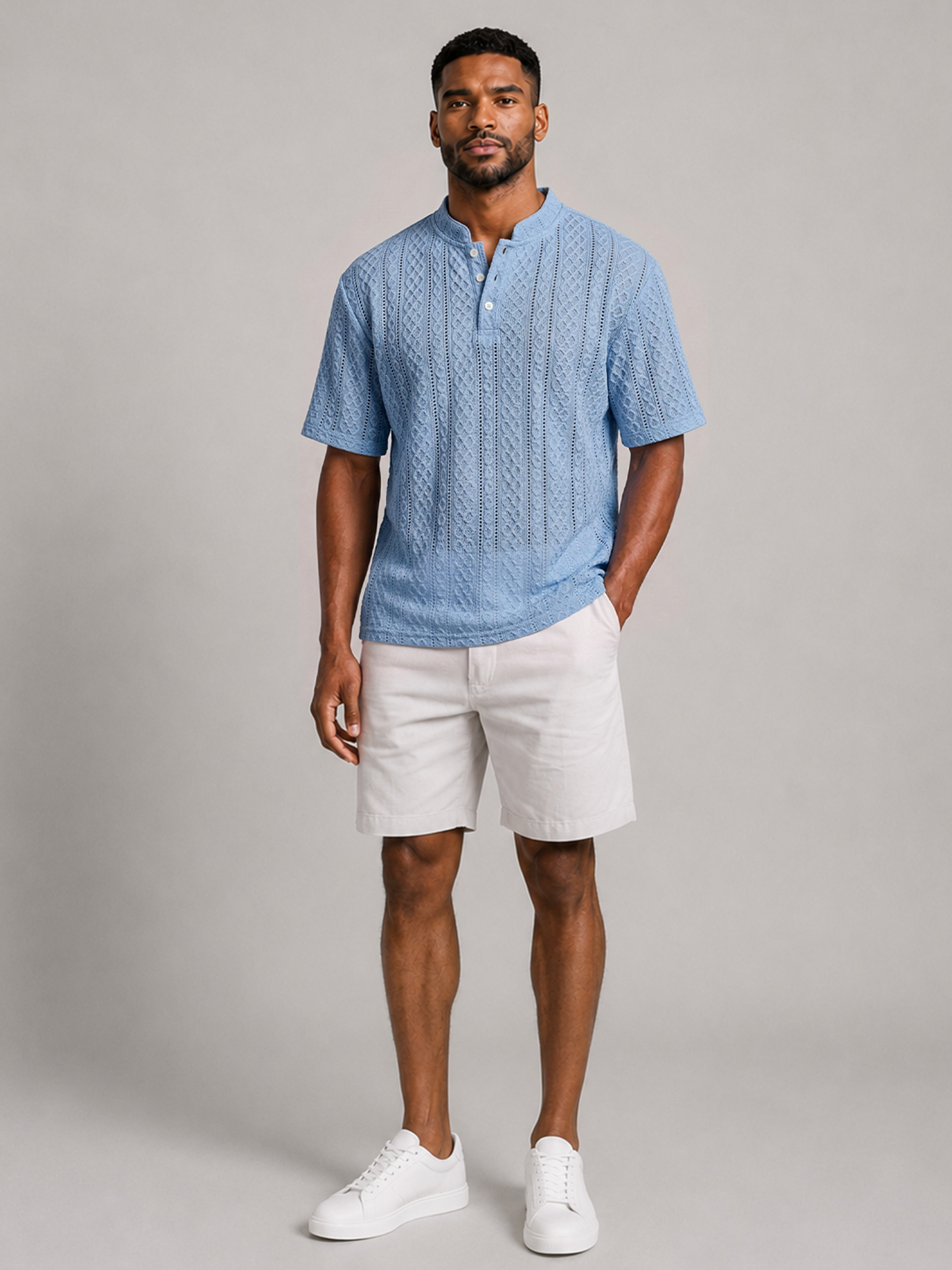 Men's Short-Sleeve Henley Shirt with Stand Collar, Button Placket, and Textured Jacquard Finish