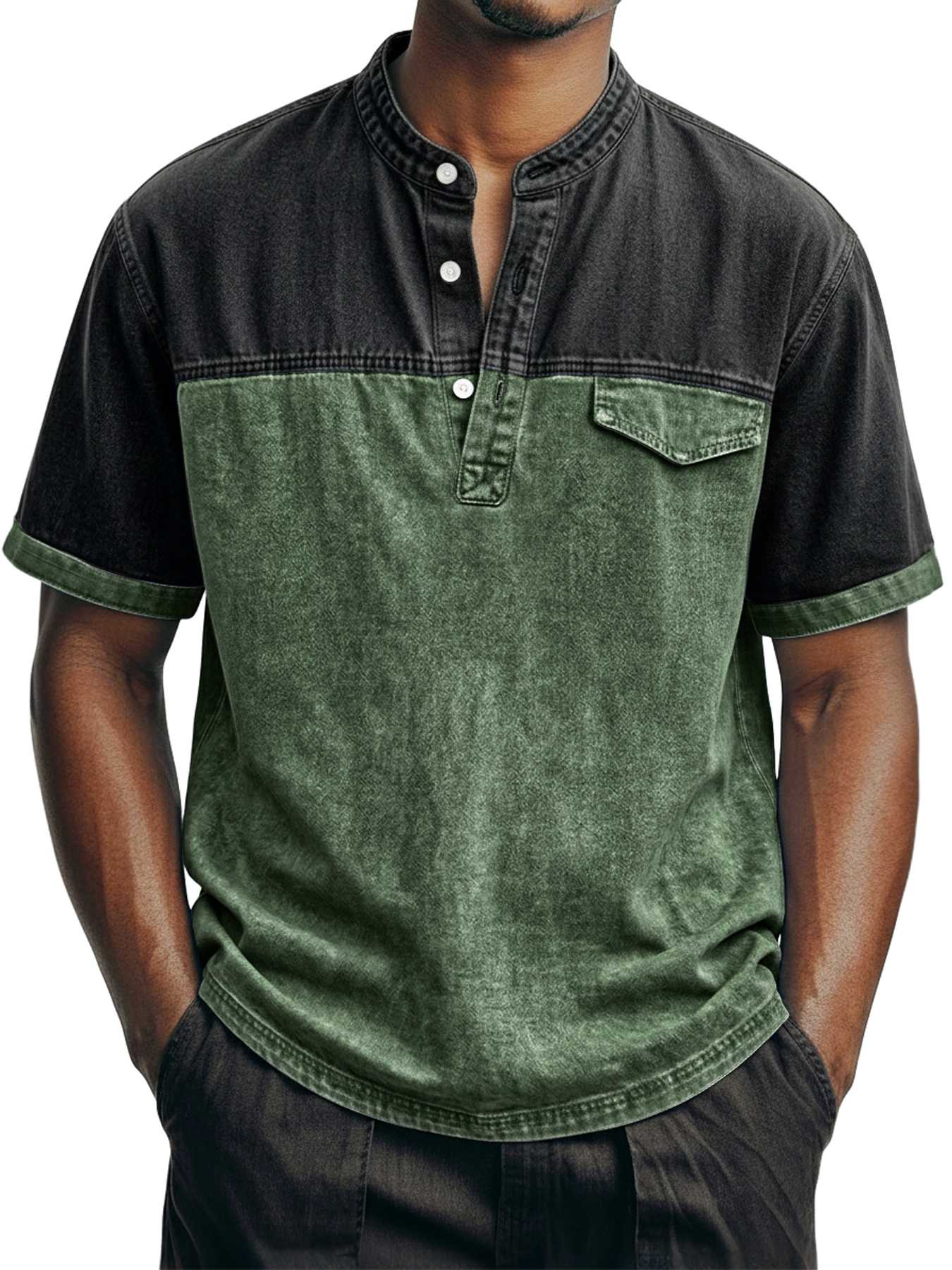 Men's Retro Color Block Casual Stand Collar Button-Down Short Sleeve Henley Shirt