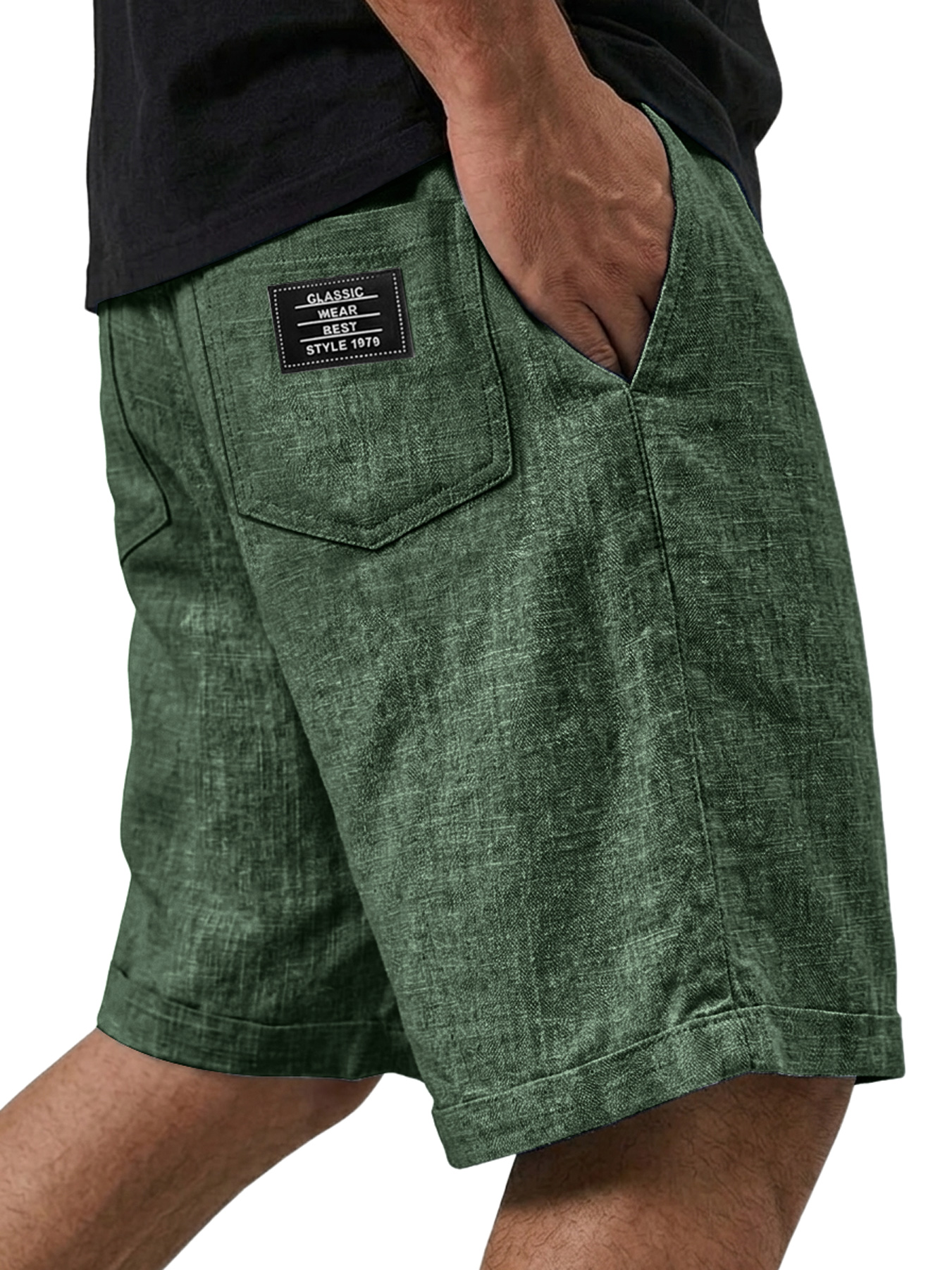 Men's Casual Solid-Color Linen Shorts with Embroidered Logo
