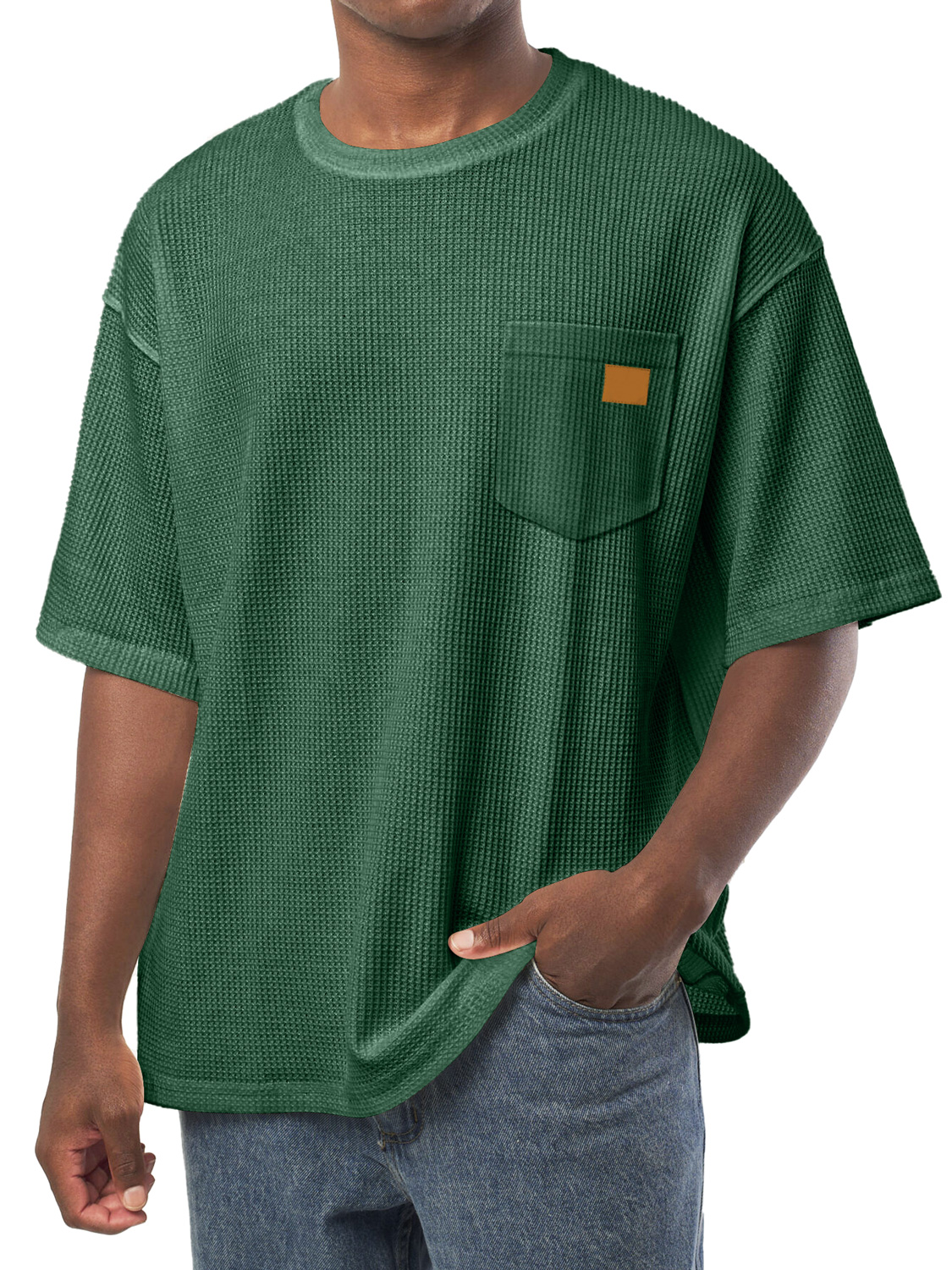 Men's Everyday Waffle Pocket Embroidered Logo Crew Neck Casual Loose Short Sleeve T-Shirt