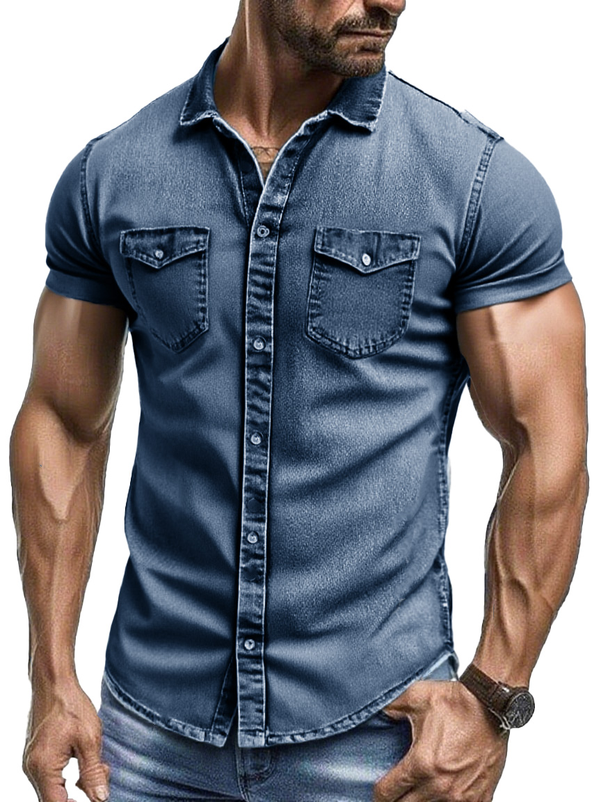 Men's Fashion Retro Workwear Outdoor Double Pocket Lapel Short-sleeved Shirt