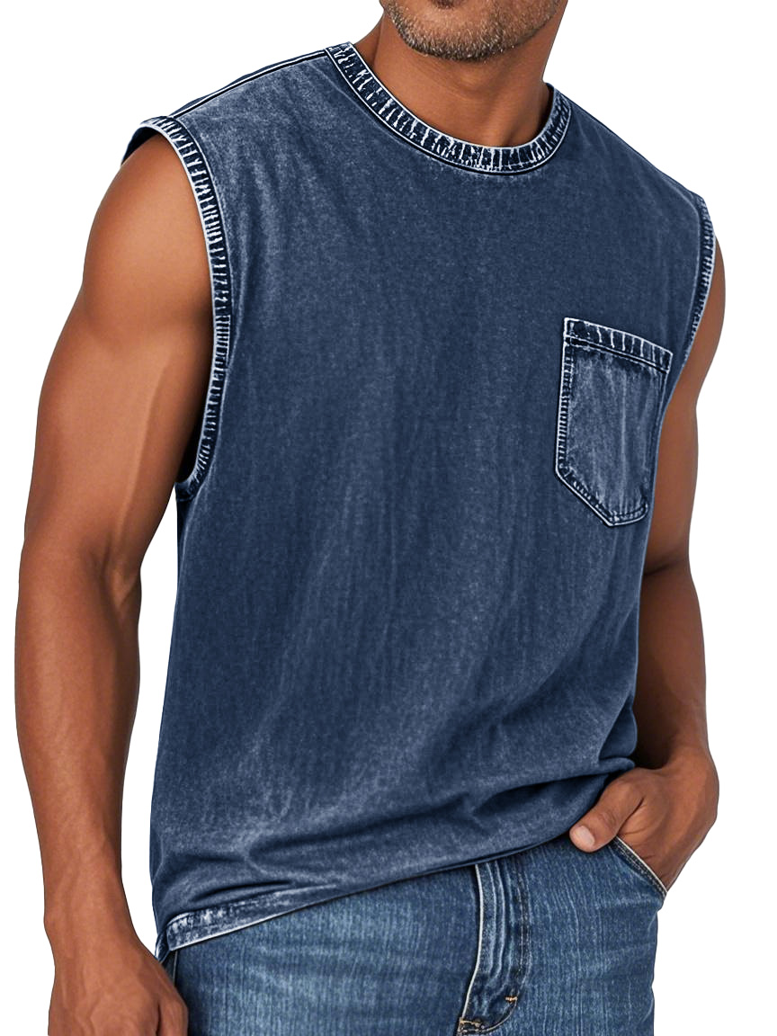 Men's Fashion Retro Washed Round Neck Pocket Sleeveless T-shirt