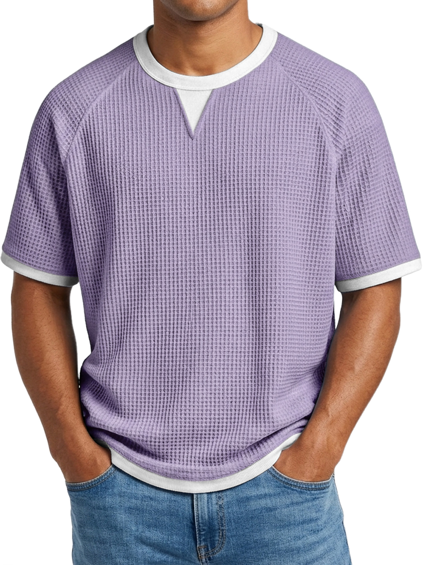 Men's Waffle Casual Color Block Comfortable Crew Neck Short Sleeve T-shirt