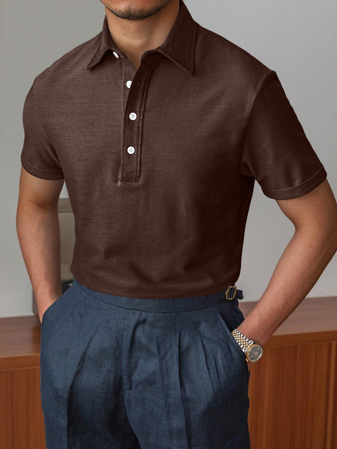 Men's Fashion Lapel Button Casual Solid Color Short Sleeve POLO Shirt