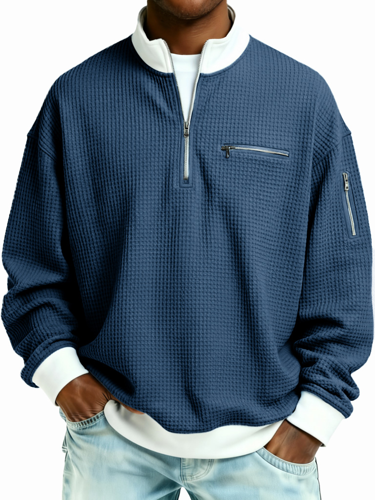 Men's Fashion Casual Patchwork Zipper Stand Collar Waffle Gown Long-Sleeve Top