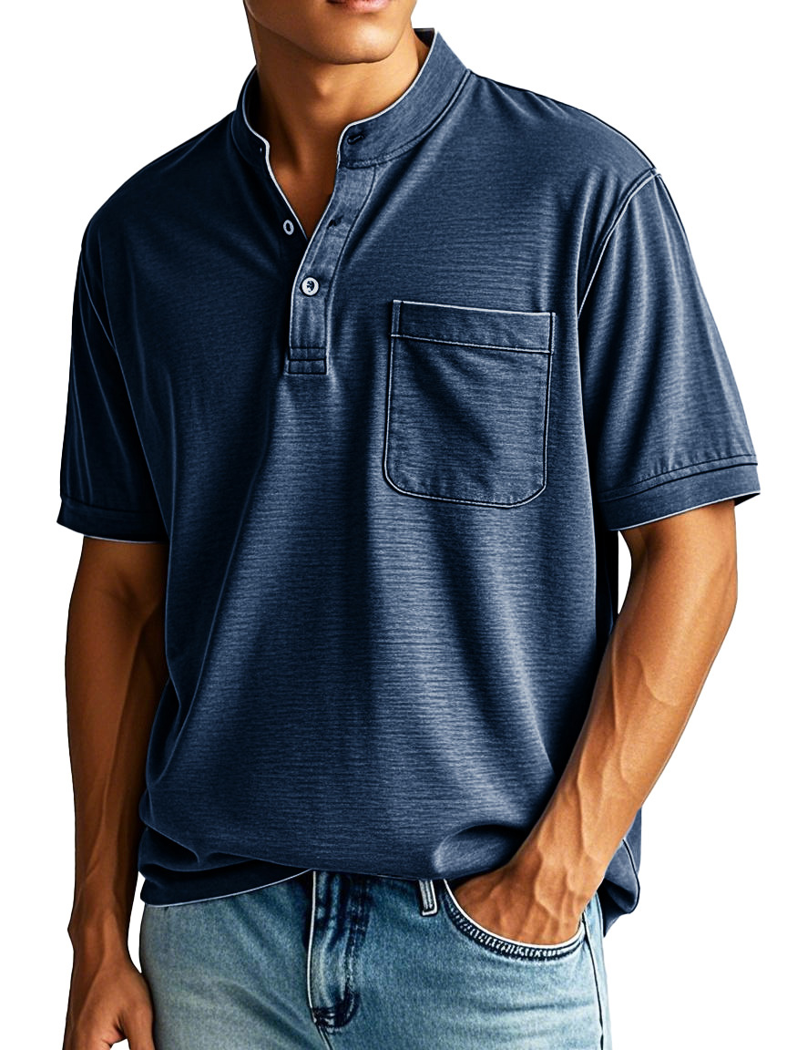 Men's Fashion Casual Stand-up Collar Pocket Short-sleeved Henley Shirt