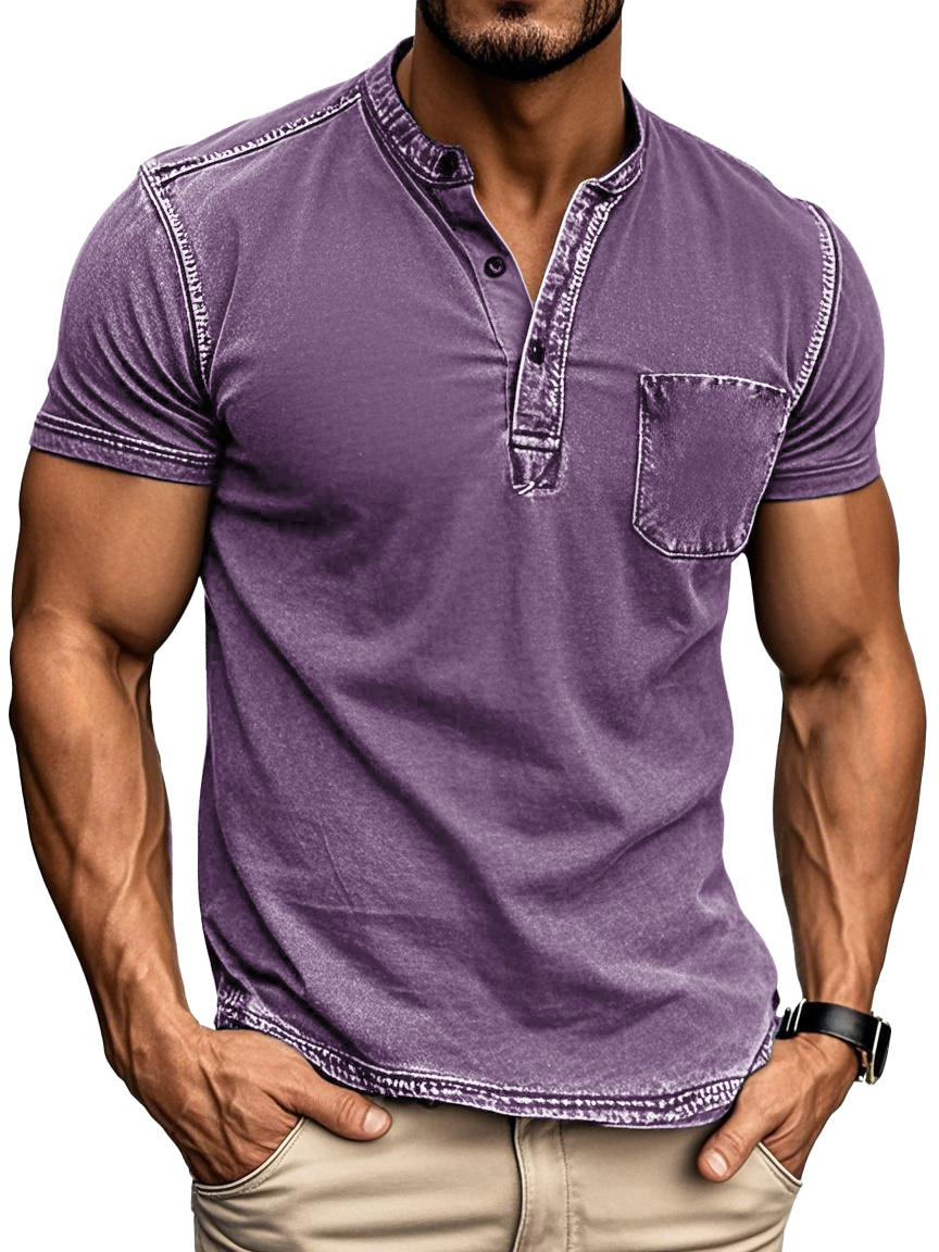 Men's Vintage Outdoor Distressed Short Sleeve Pocket Henley Shirt