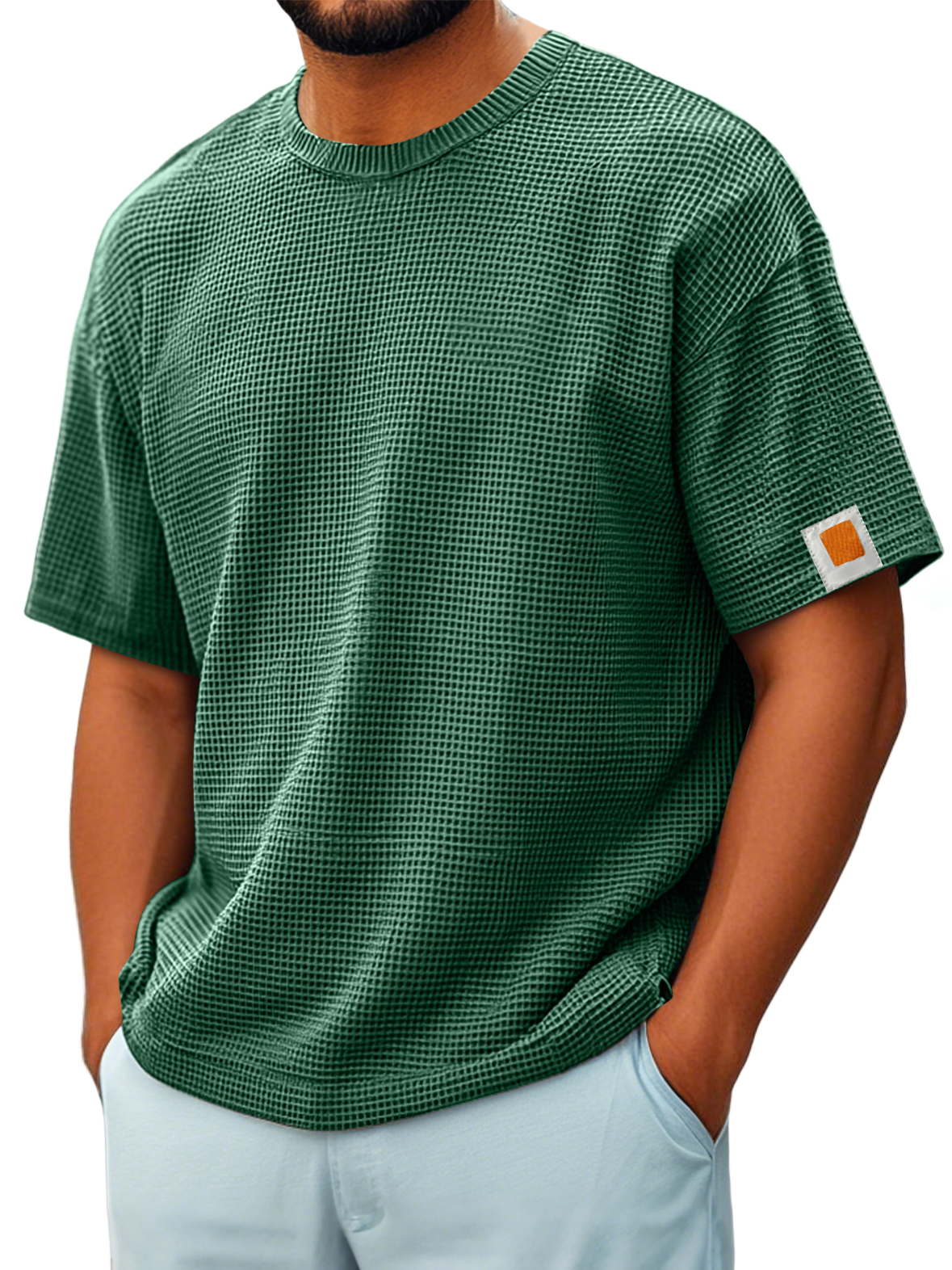 Men's Vintage Crew Neck Waffle Embroidered Logo Comfort Short Sleeve T-Shirt