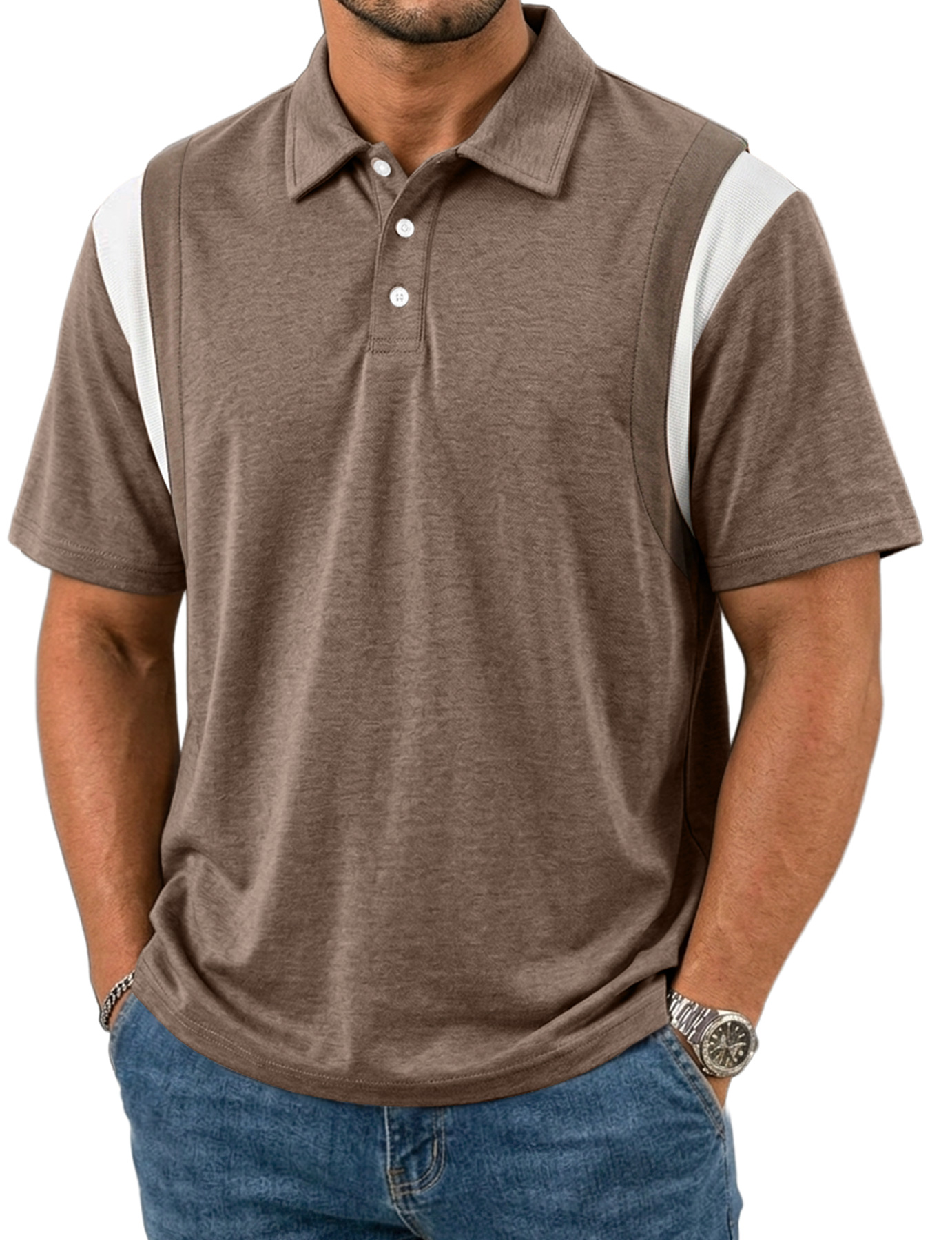 Men's Patchwork Design Collared Button Casual Short-sleeved Polo Shirt