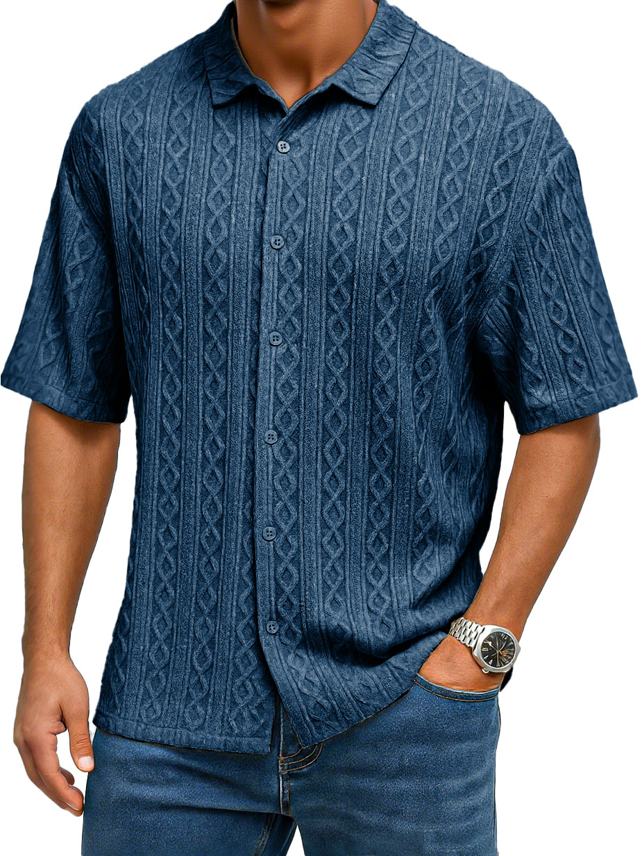 Men's Fashion Casual Jacquard Fabric Lapel Short-sleeved Shirt