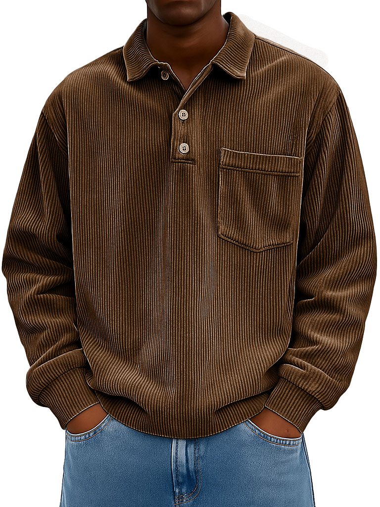 Men's Clothing Fashionable Casual Retro Lapel Corduroy Pit Strip Fabric Long-sleeved Pocket Polo Shirt