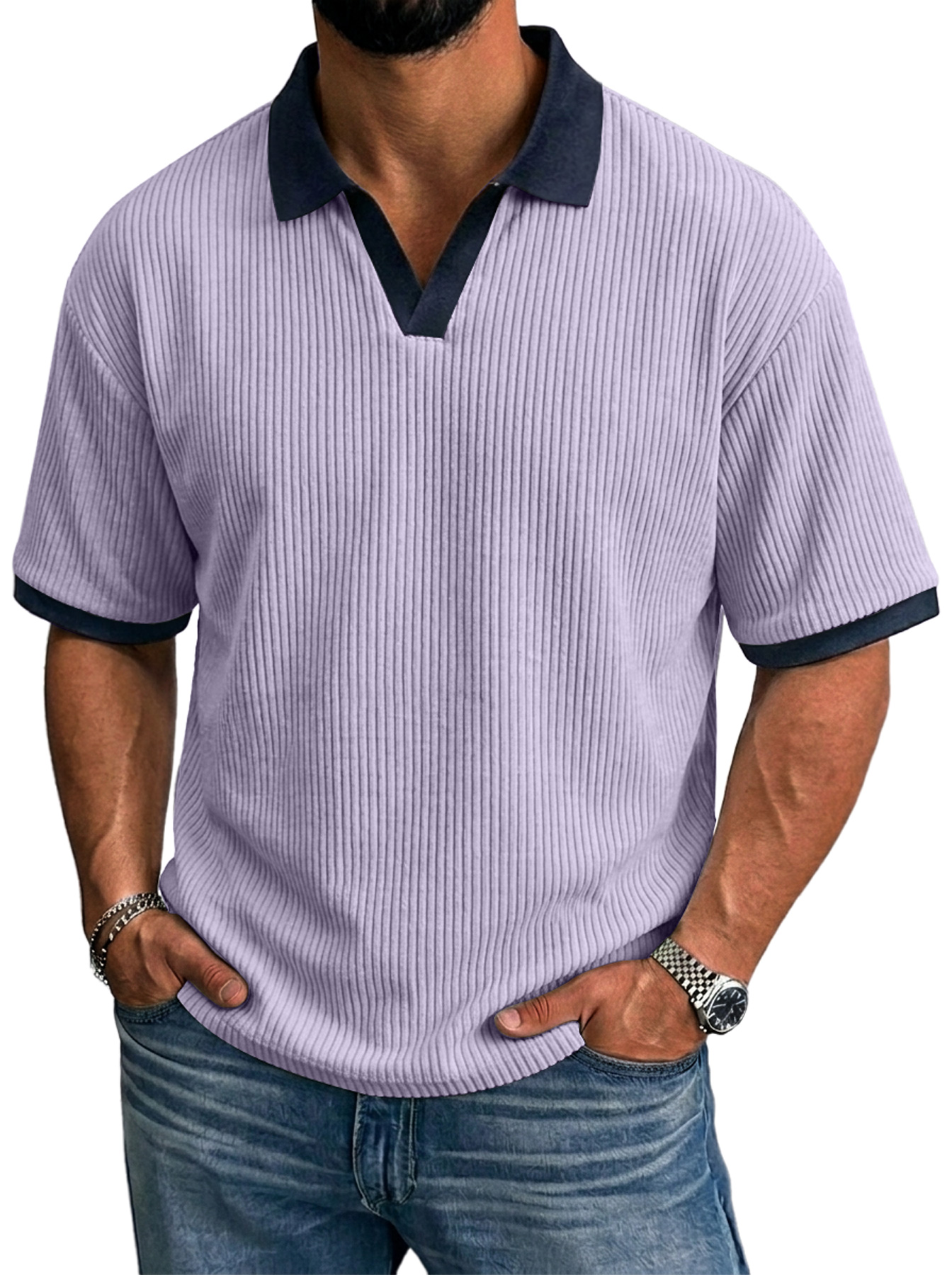 Men's Simple Ribbed Color Block Casual Short-Sleeve Polo Shirt
