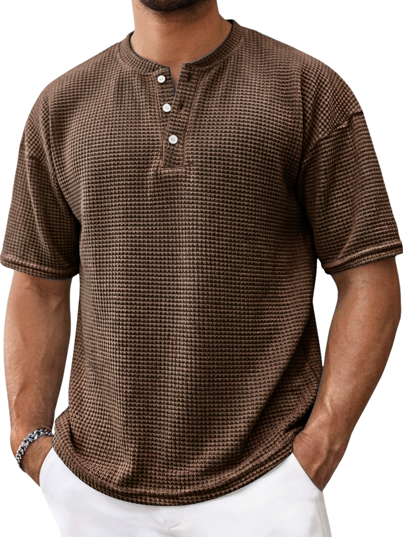 Men's Casual Textured Solid Color Short-Sleeve Henley Shirt